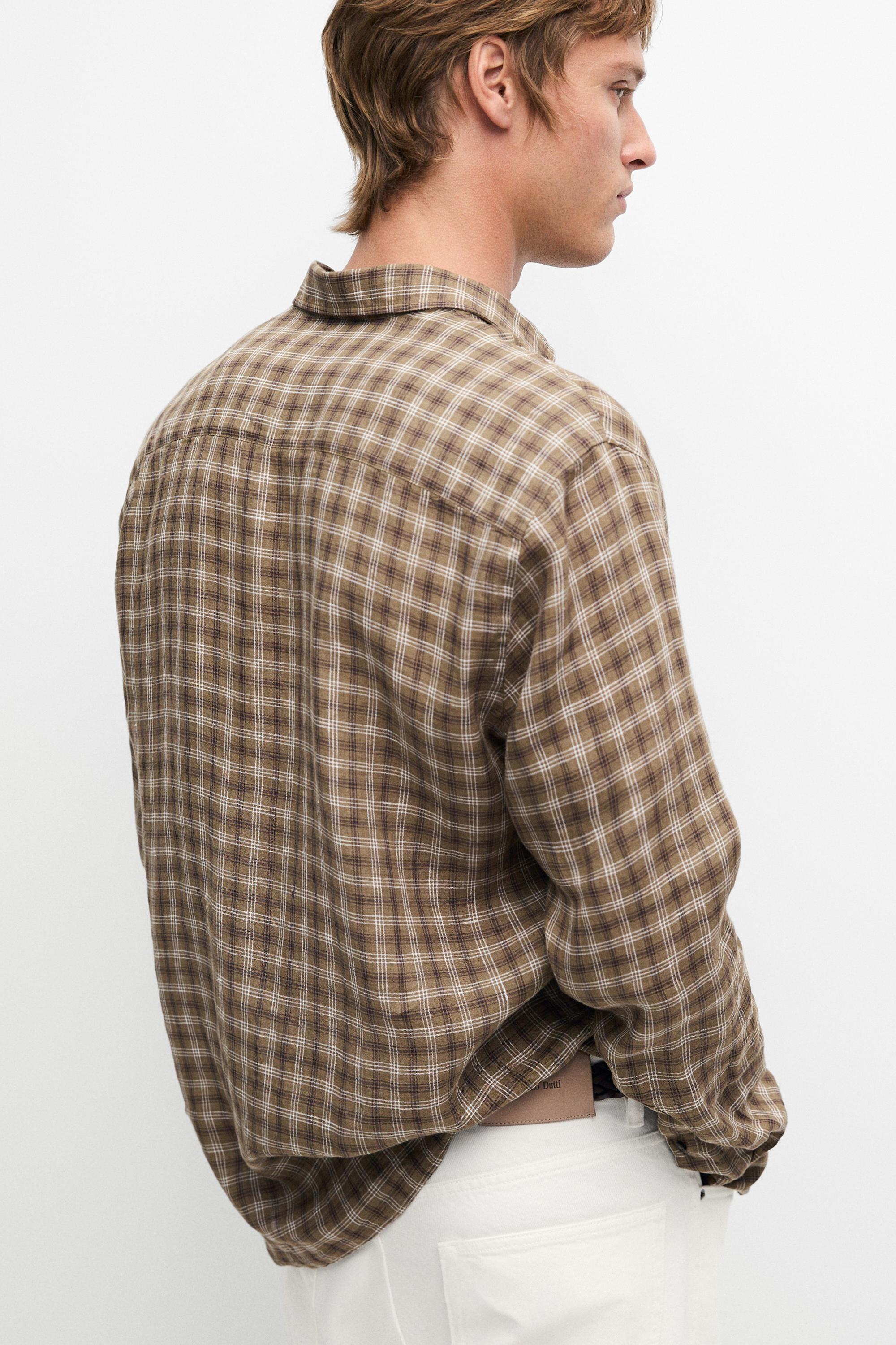 100% linen regular fit check shirt — BROWN MARL