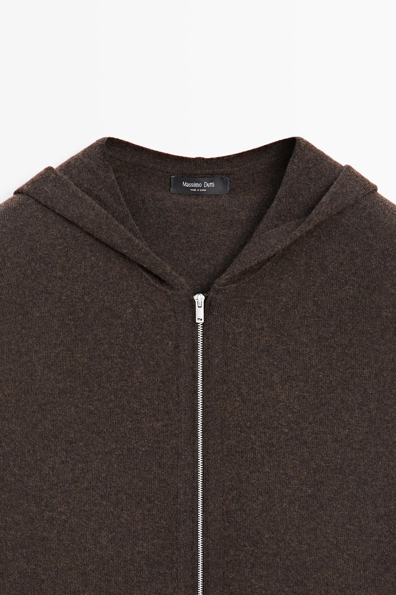 Wool-blend knit hooded cardigan — BROWN MARL