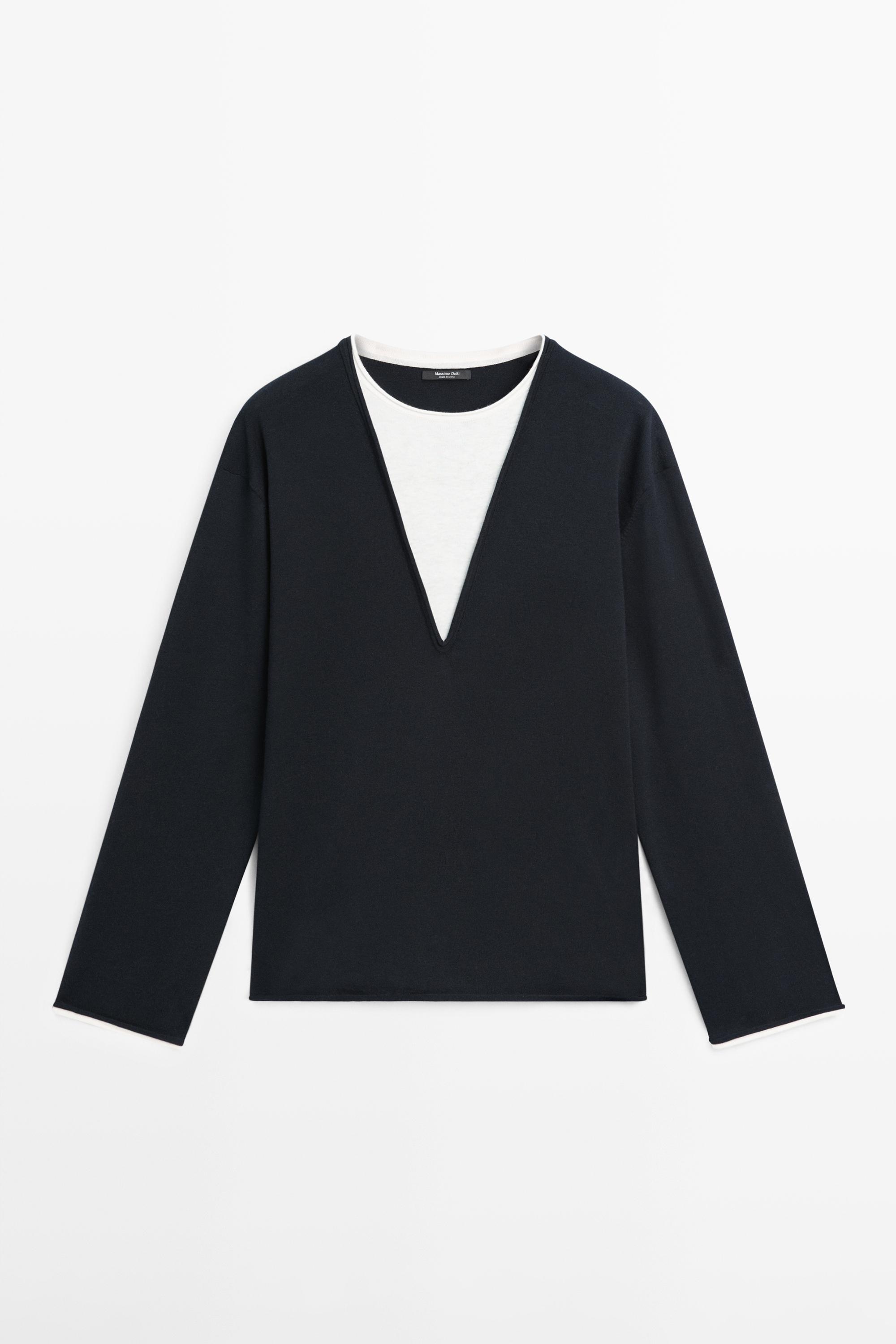 Cotton blend knit sweater with contrast fabric — NAVY BLUE