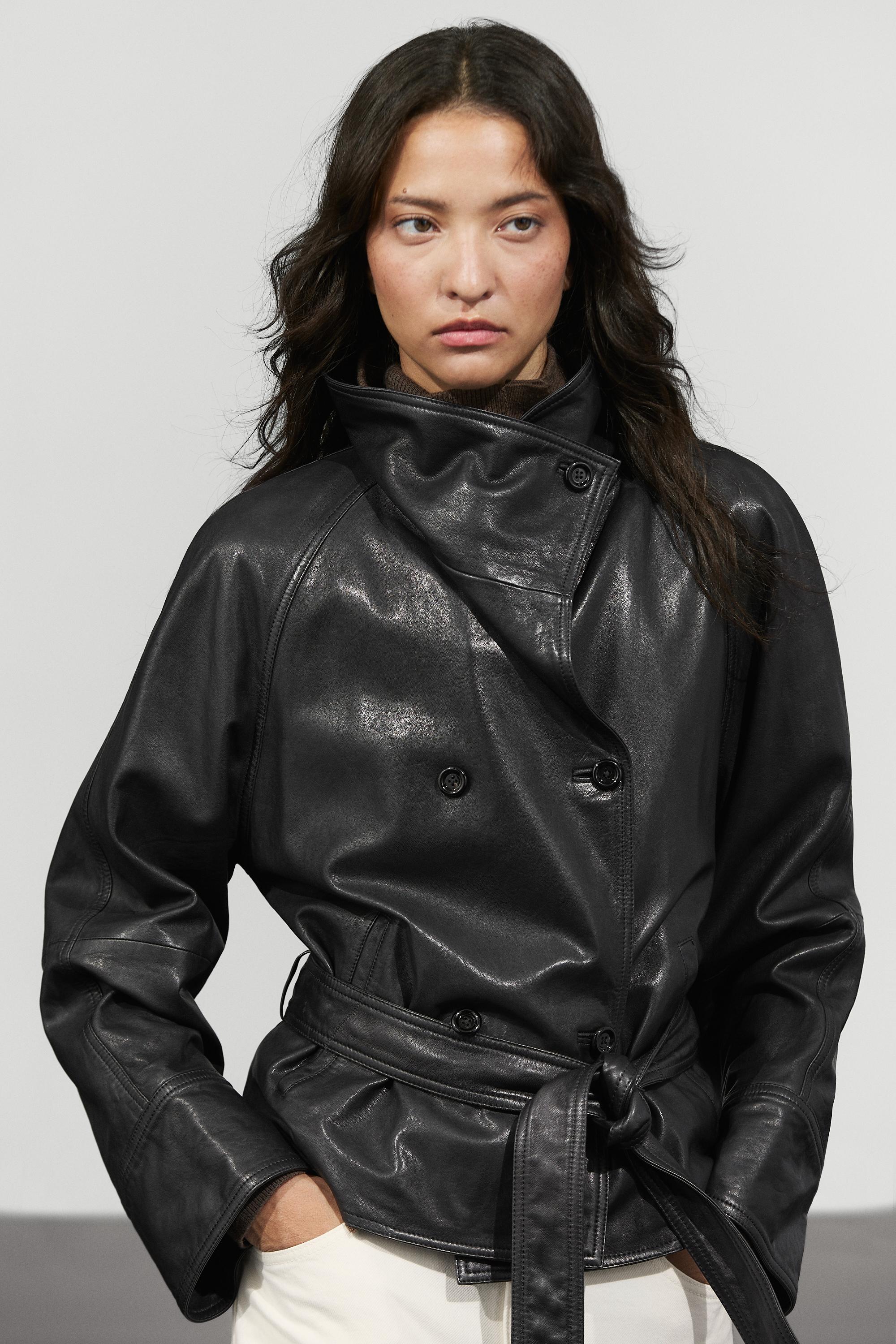 Short high neck leather trench coat