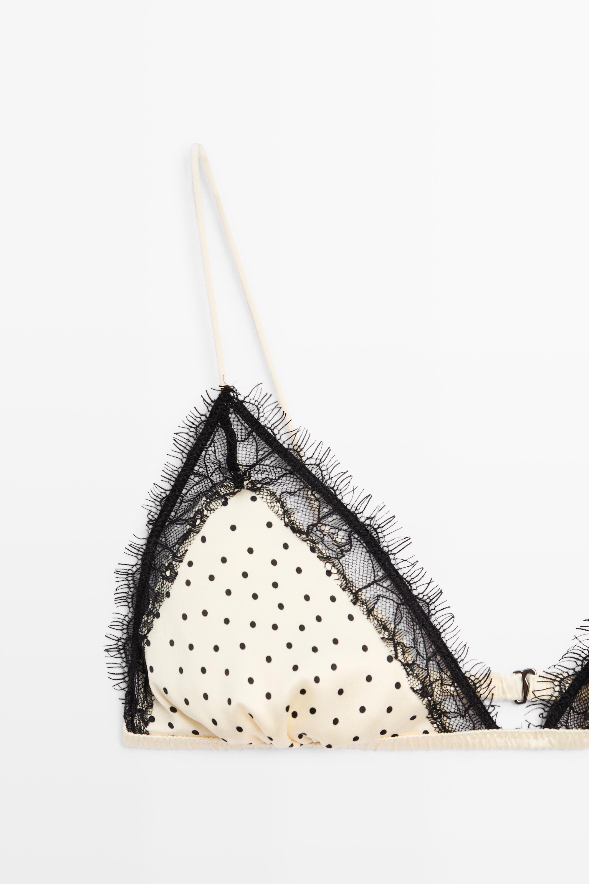 Lace-trimmed polka dot triangle bra — CREAM