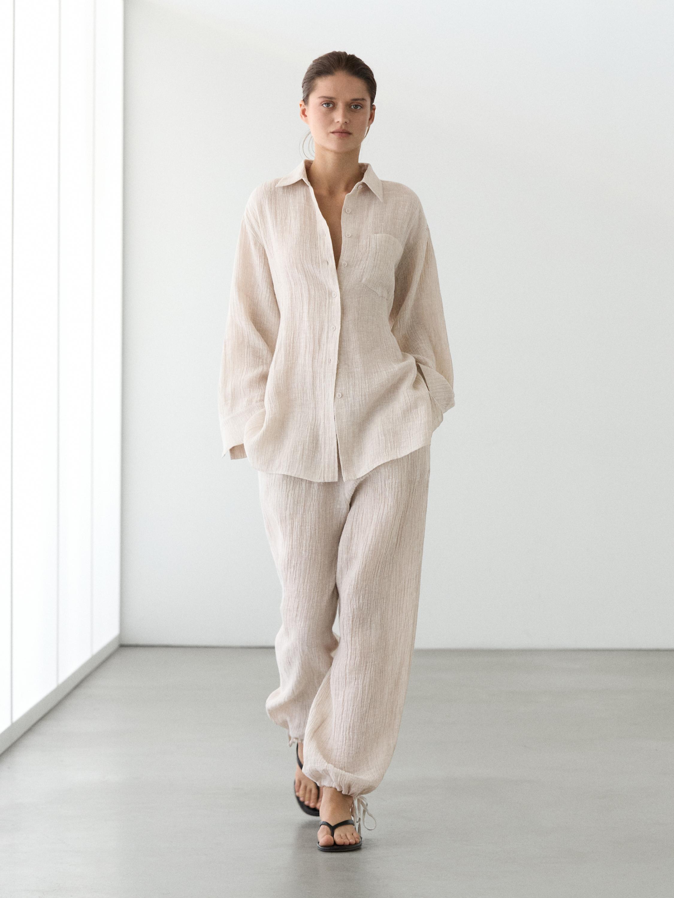 100% linen waffle-knit sarouel trousers — SAND