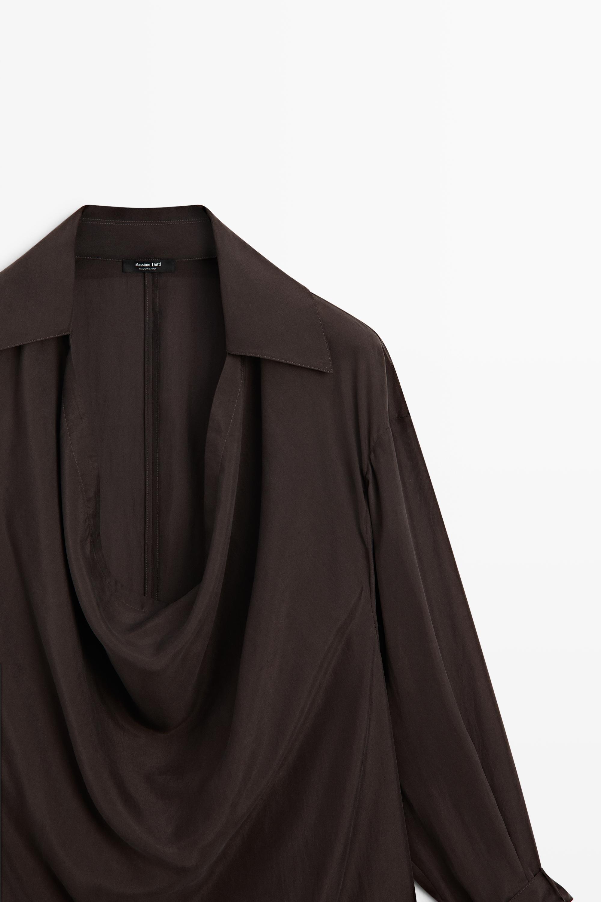 100% Silk Draped Neckline Flowy Shirt — BROWN