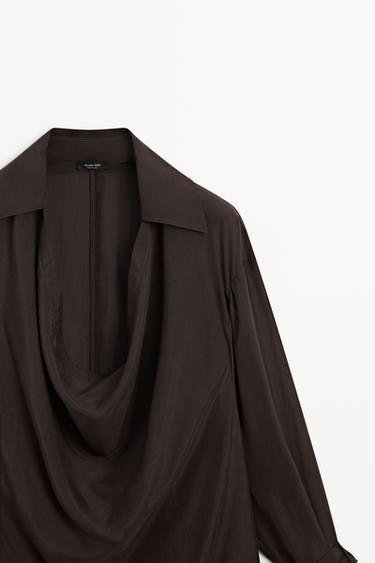 100% silk flowing blouse with draped neckline — BROWN 4
