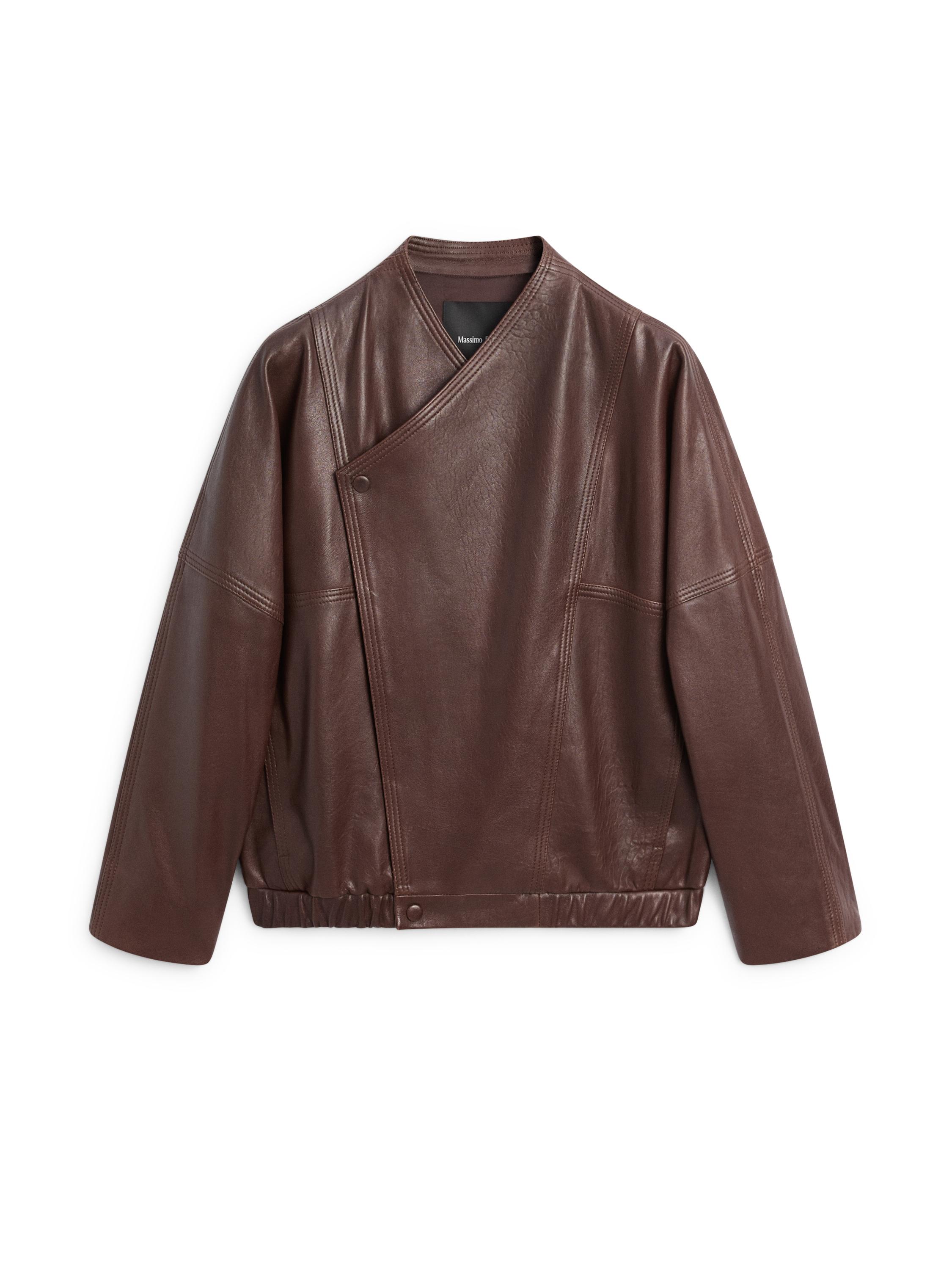 Asymmetric nappa leather bomber jacket — BROWN