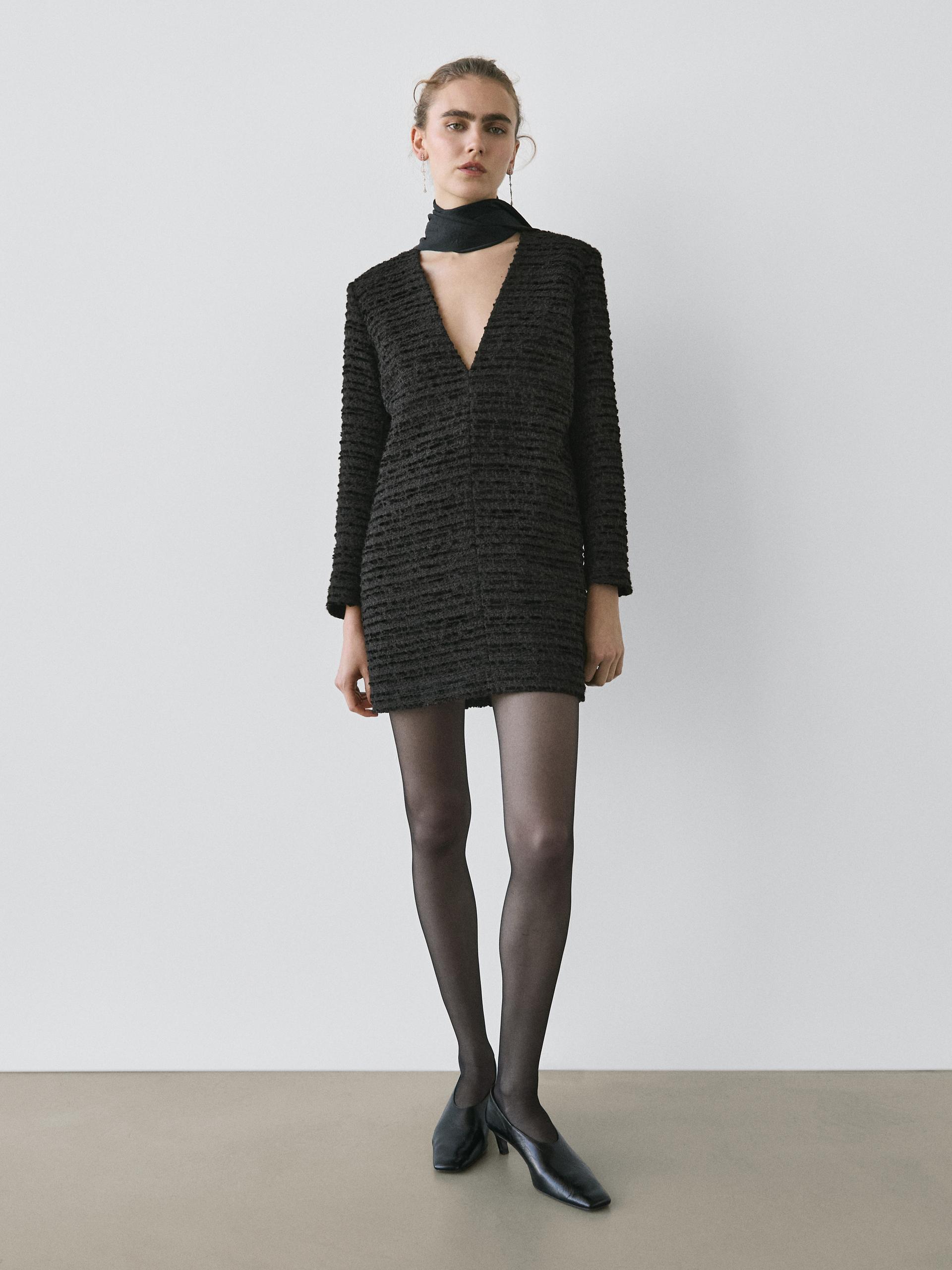 Vestido Corto Escote Pico Lazada - Studio - Negro - M - Massimo Dutti - Mujer