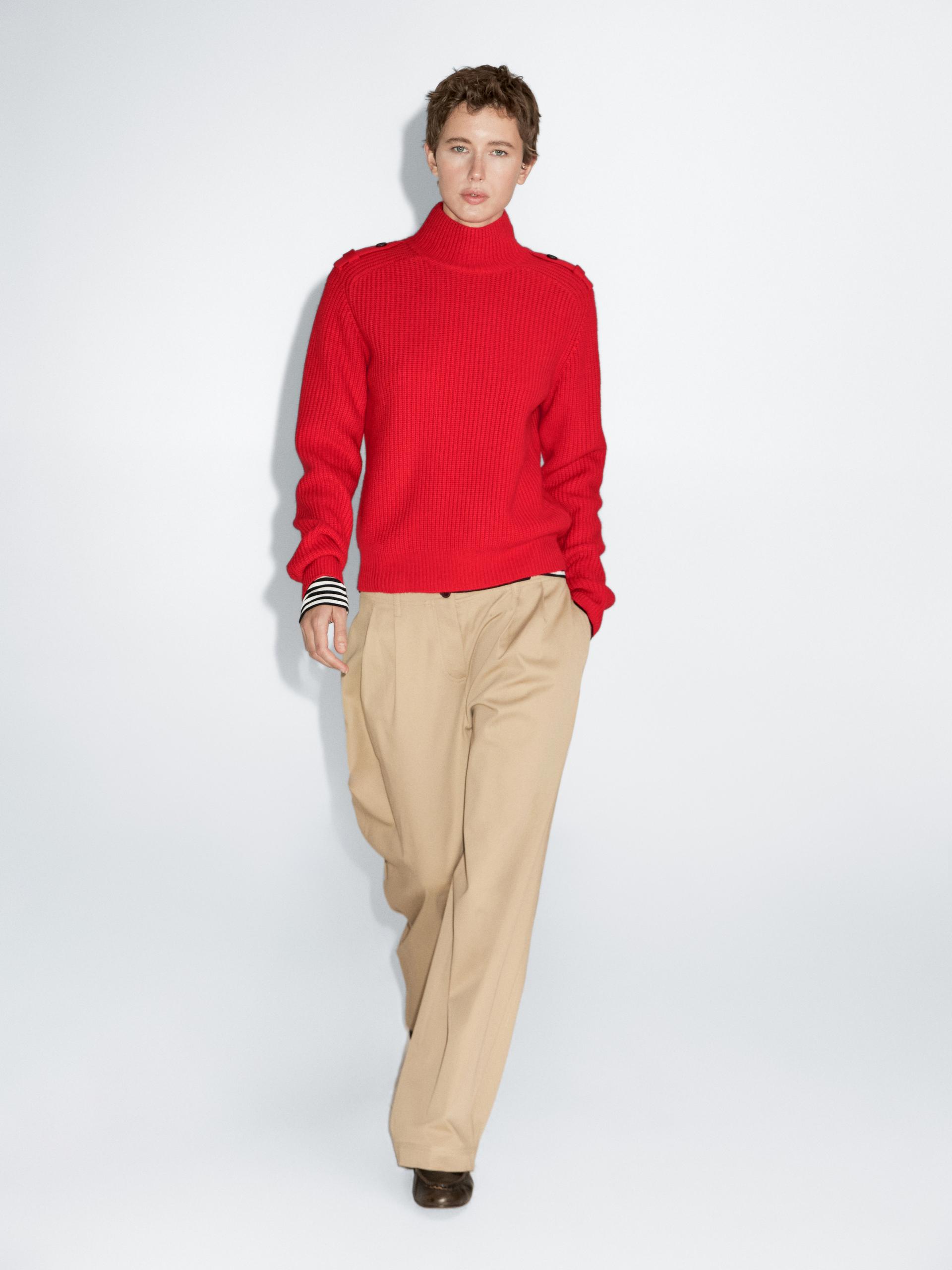 Sweter Z Mieszanki Wełny Ze Zdobieniami Na Ramionach - Czerwony - S - Massimo Dutti - Kobieta
