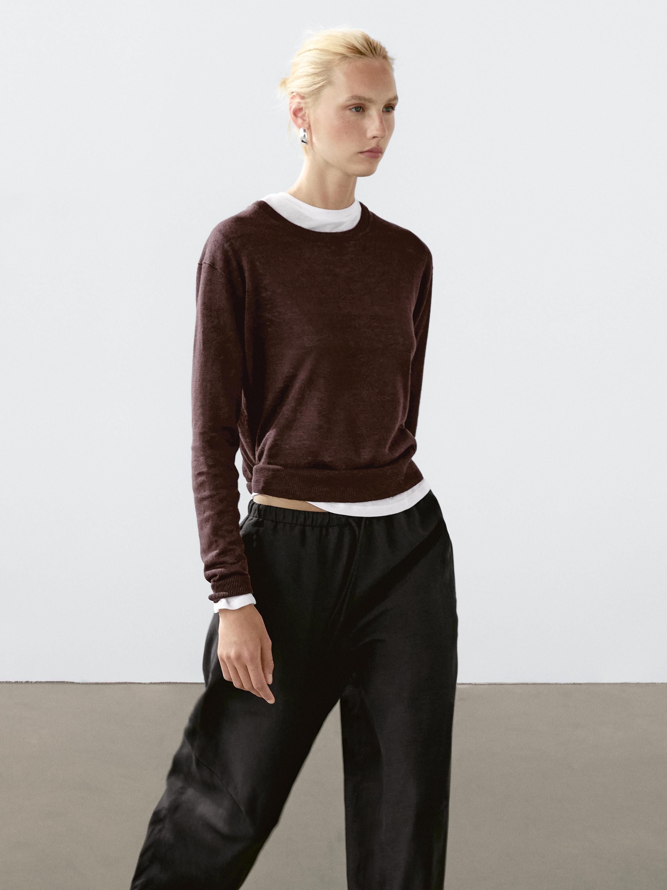 100% linnen tricot trui met ronde hals