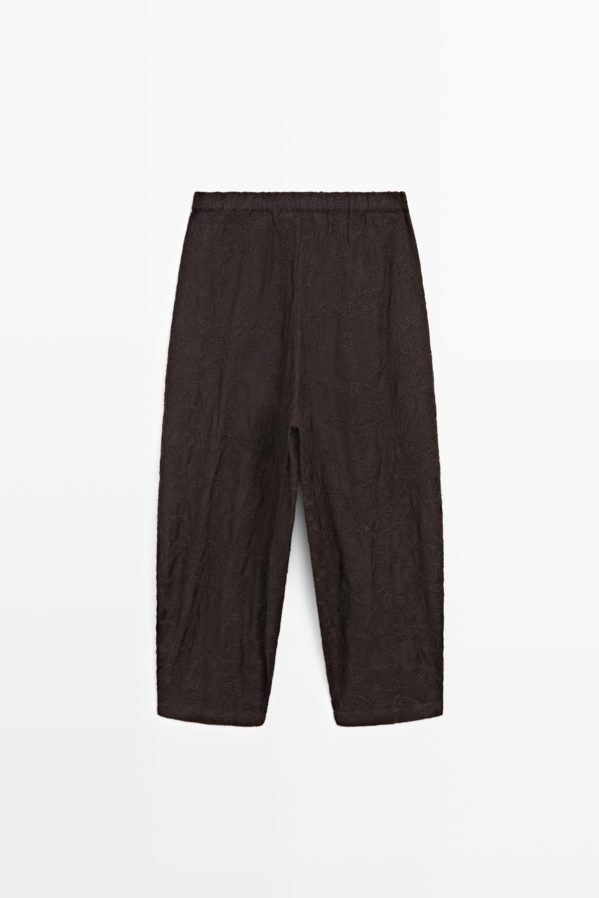 Embroidered flowing barrel fit trousers — Chocolate