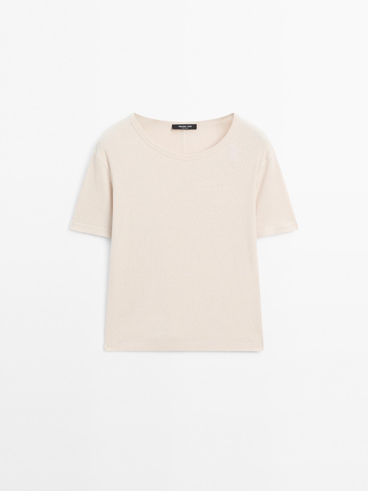 Massimo Dutti - Dame - Falmet T-Shirt I 100 % Bomuld - Stenfarvet - Xl