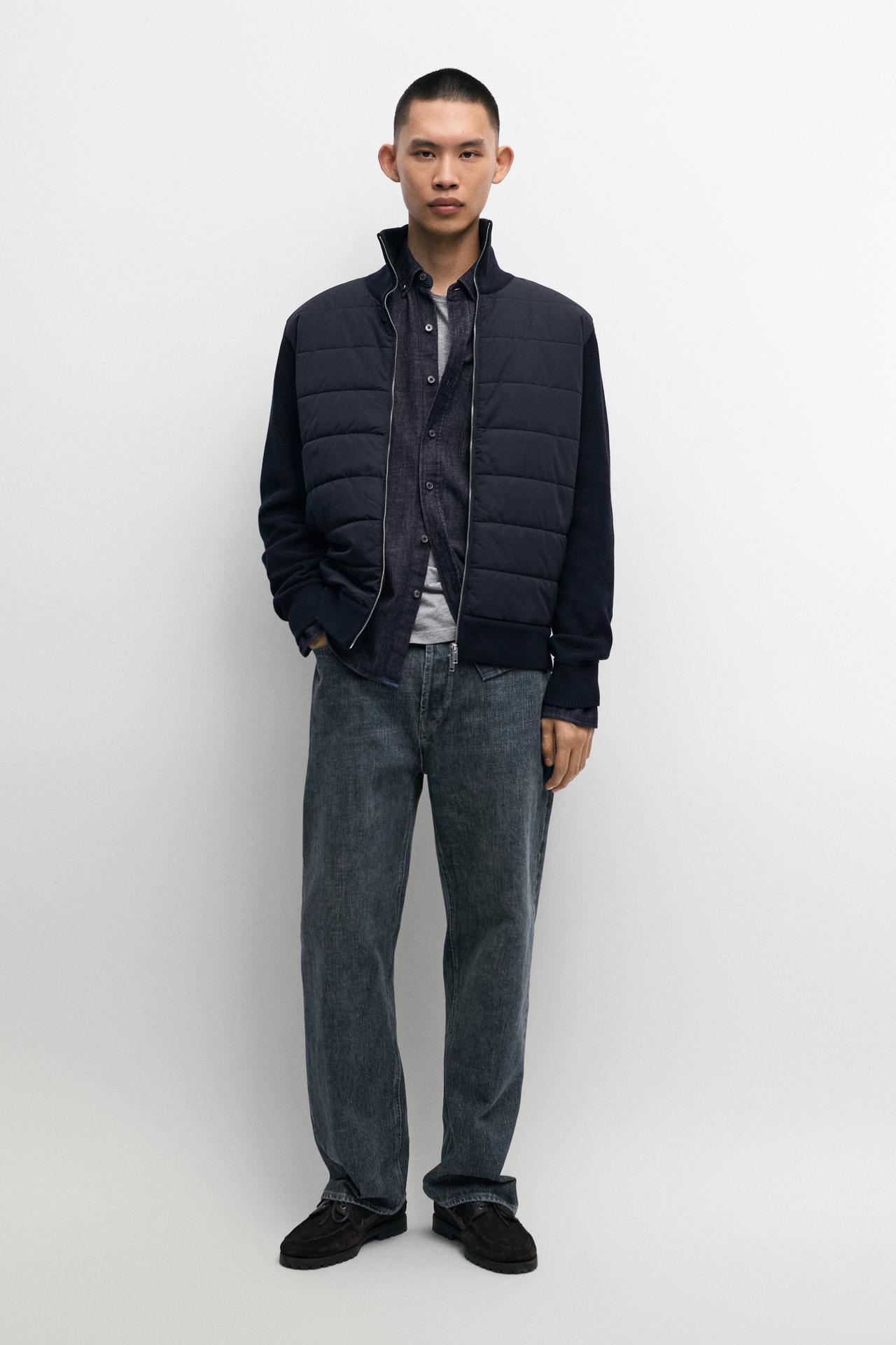 High neck mixed fabric cardigan — NAVY BLUE