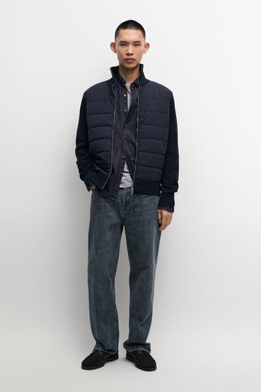 High neck mixed fabric cardigan — NAVY BLUE 1