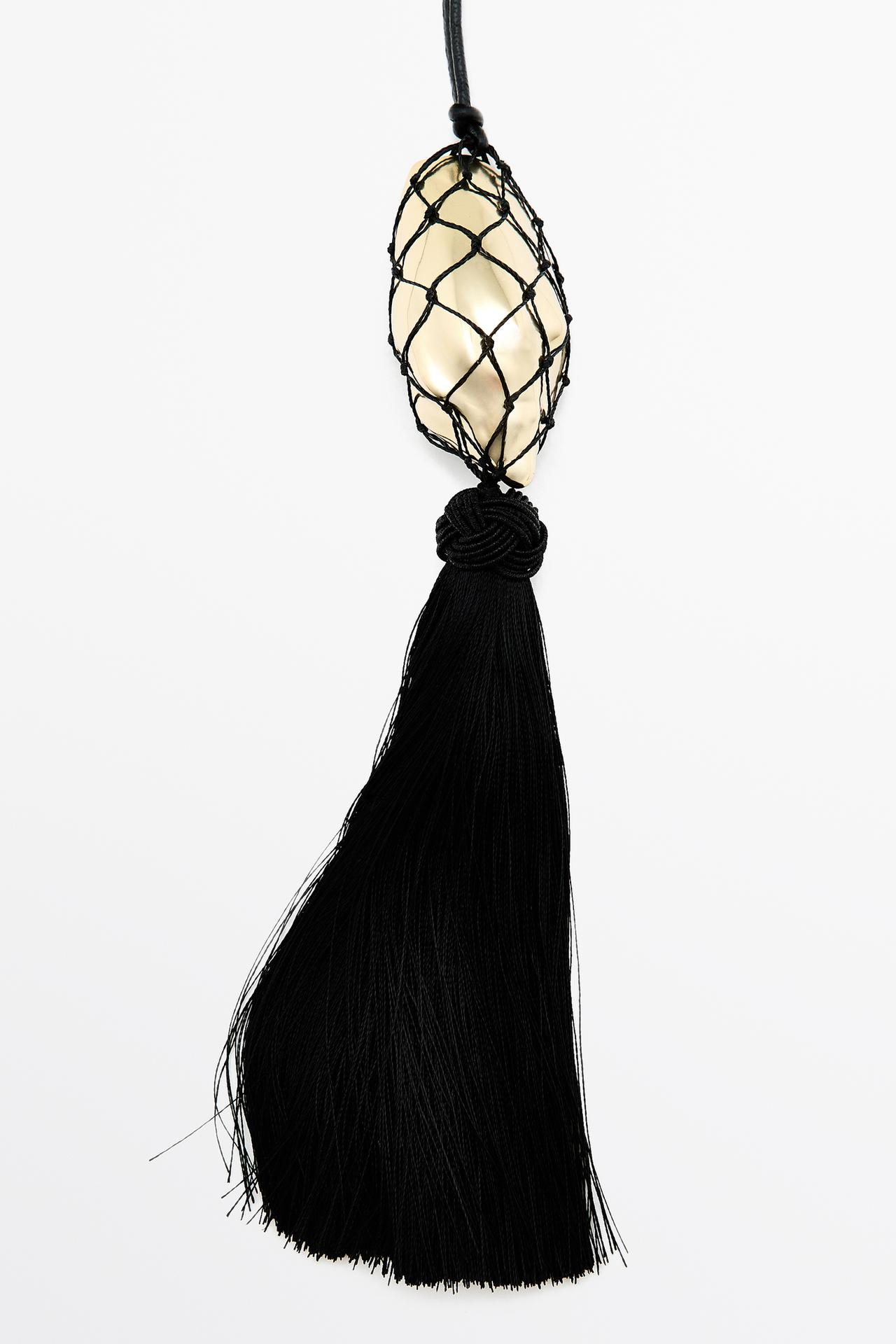 Long leather cord necklace with shell and tassel — GOLDEN