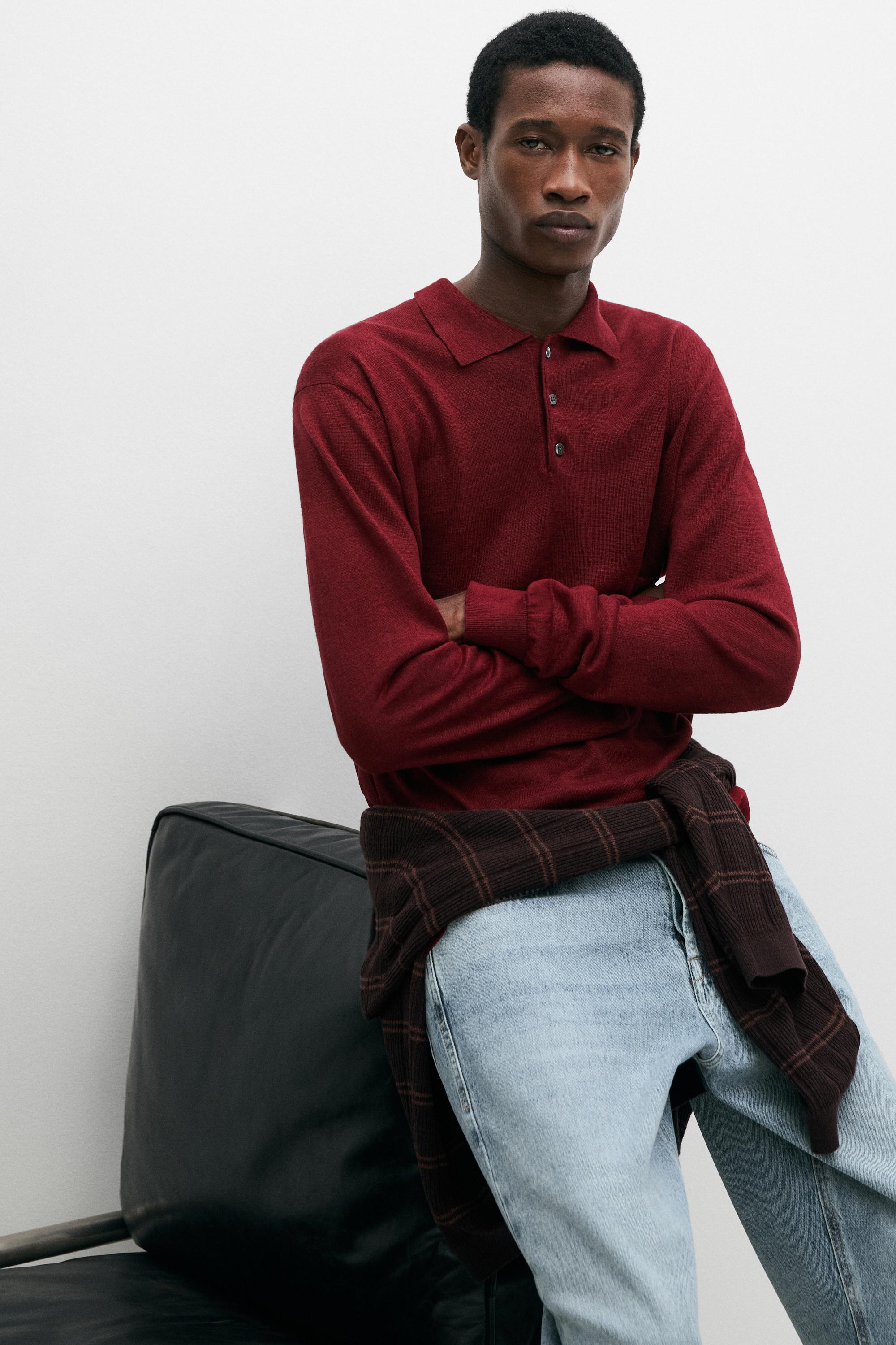 100% linen knit polo collar sweater — Wine Red