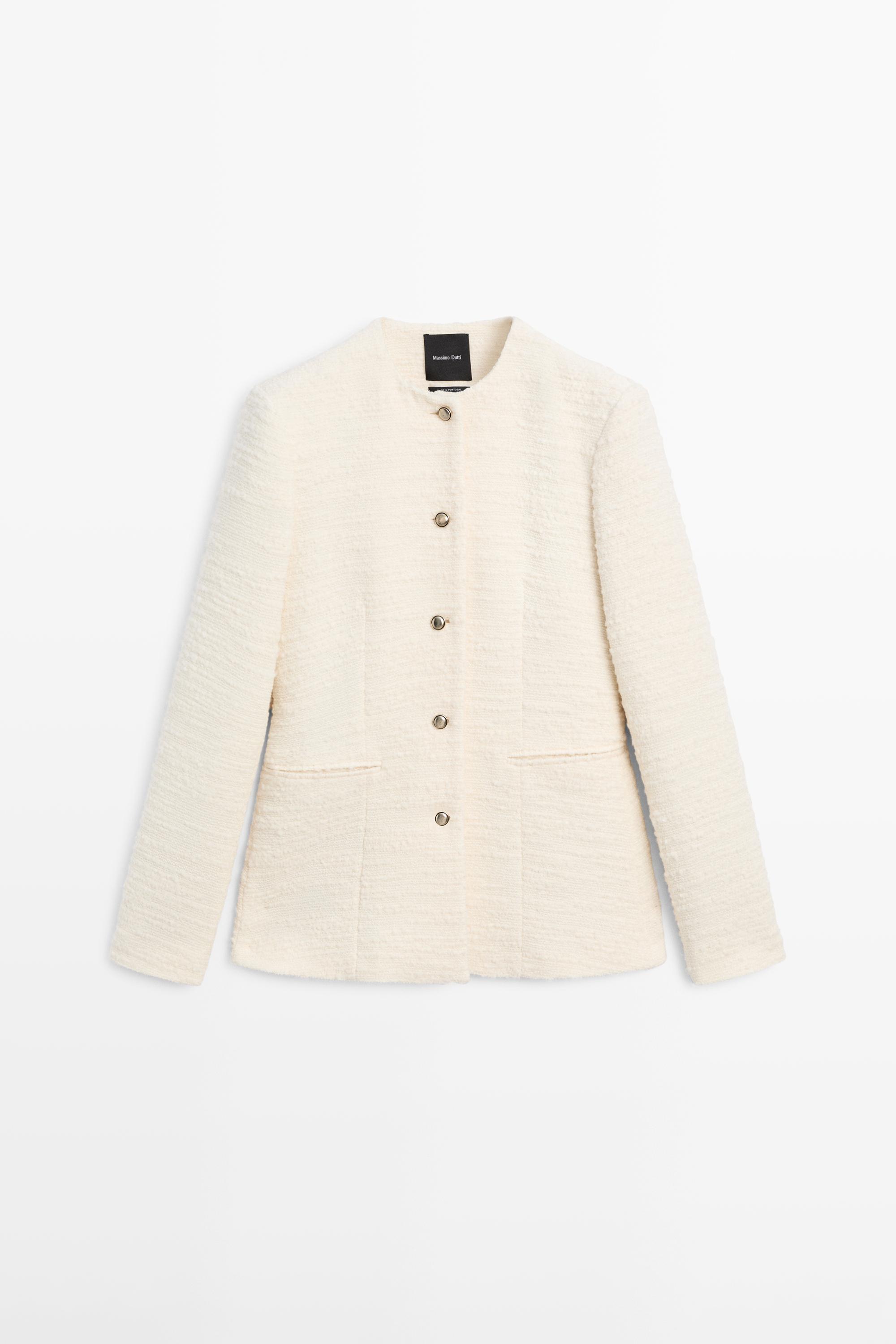 Textured wool blend jacket with rhinestone buttons