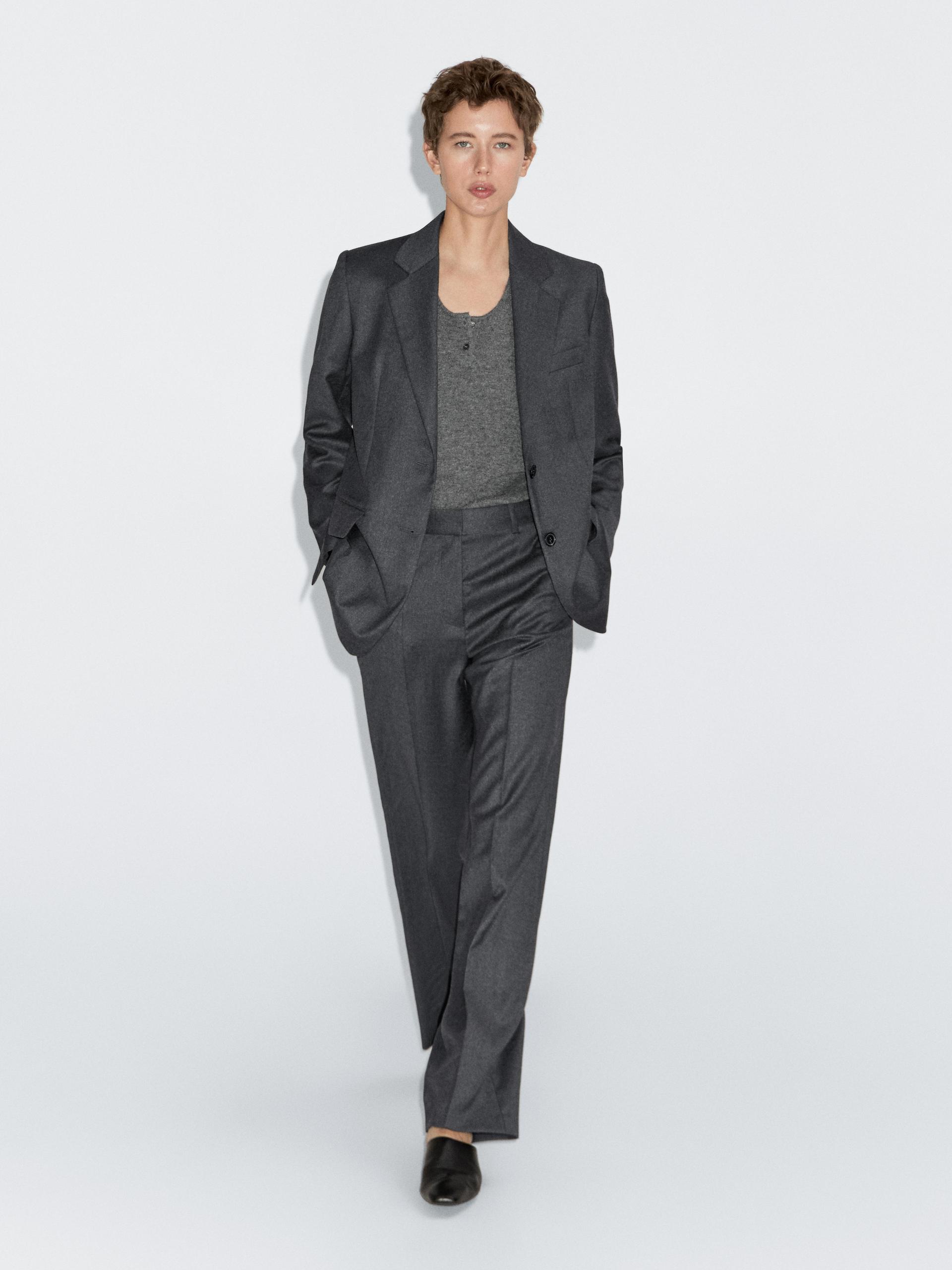 Calças De Fato De Flanela 100% Fazenda - Cinza - 42 - Massimo Dutti - Mulher
