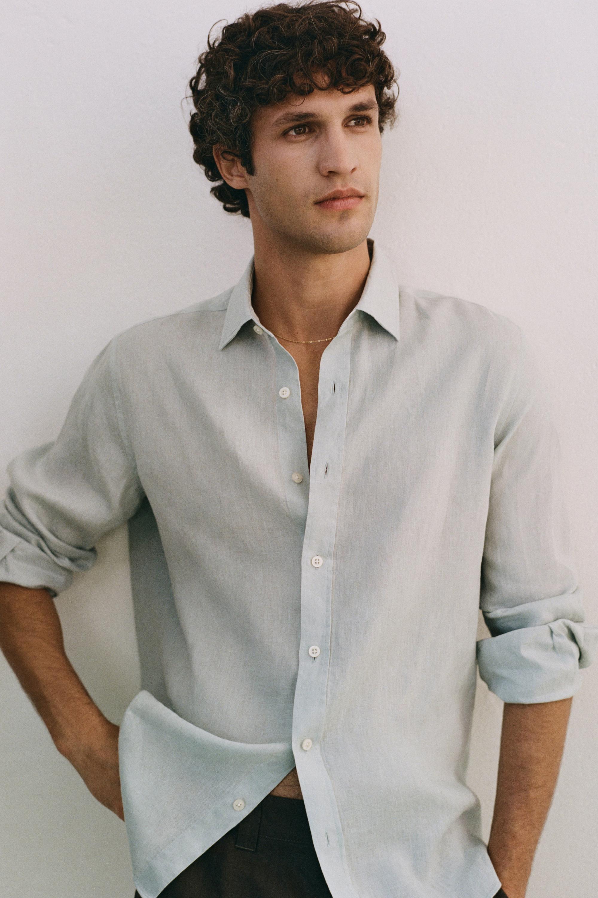 100% linen slim fit shirt — PALE GREEN