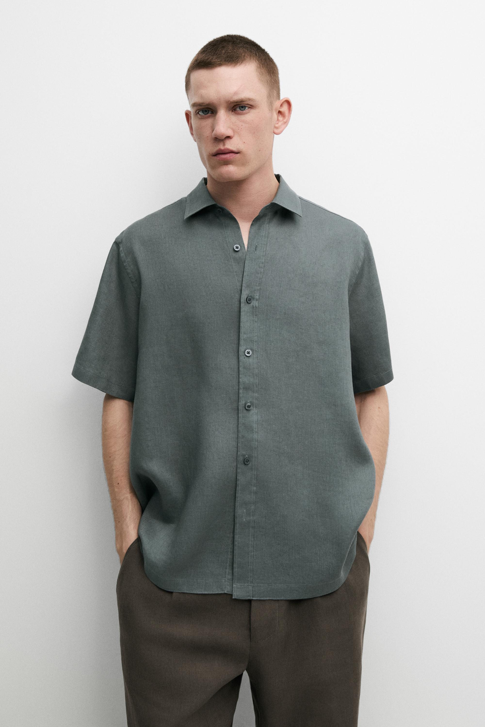 100% linen regular fit short sleeve shirt — GREY