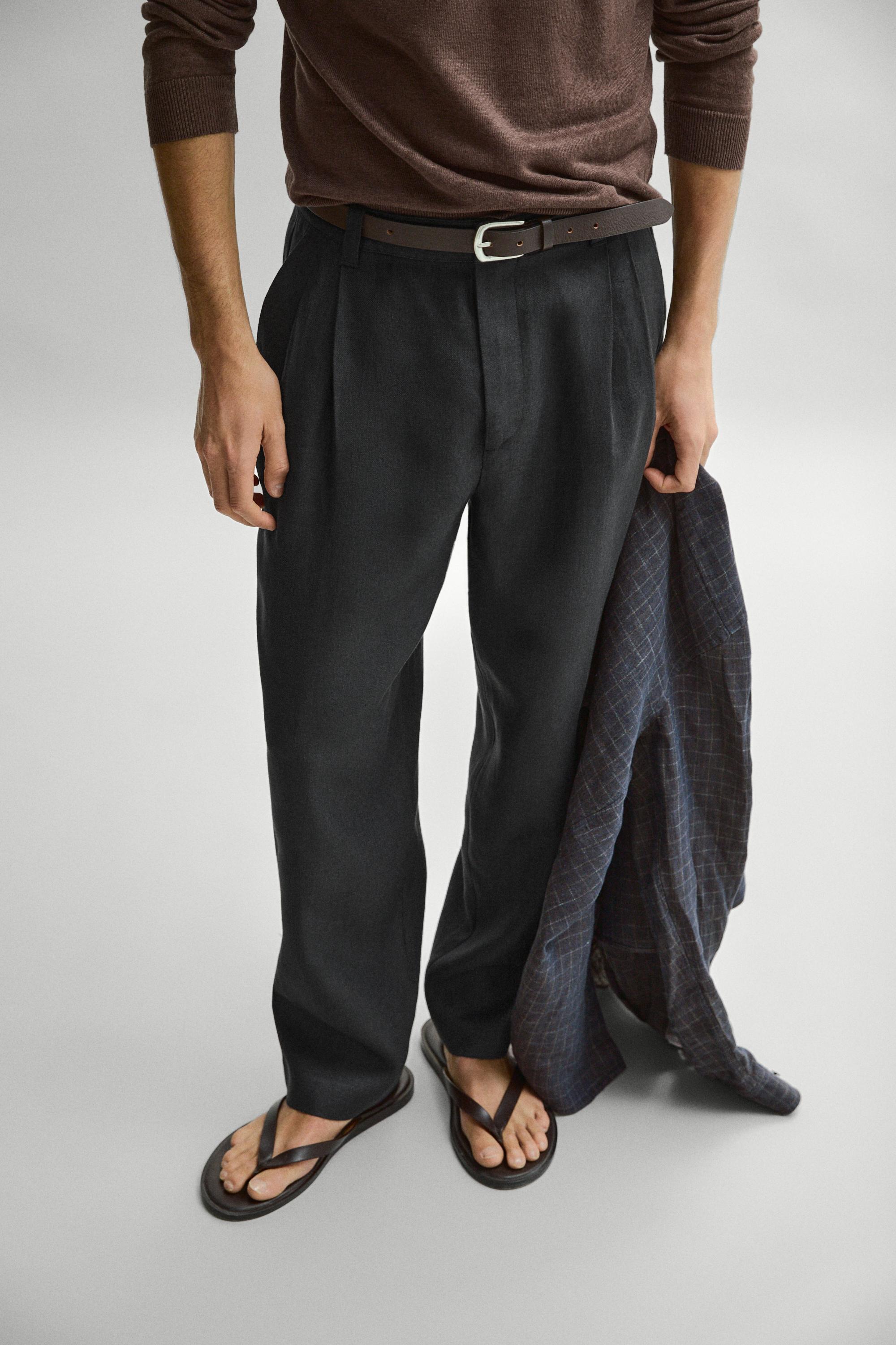 100% linen trousers with double darts — BLACK