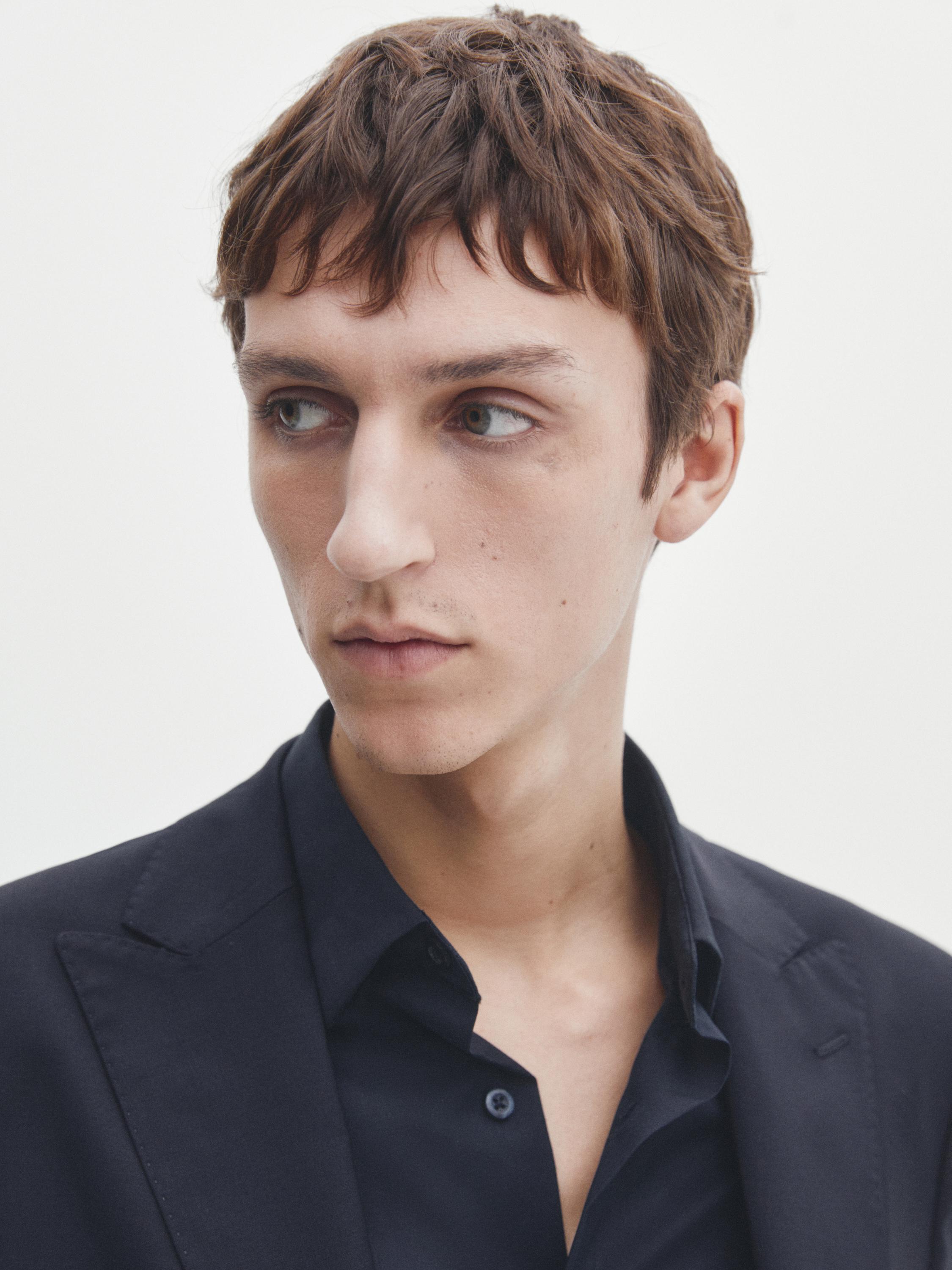 Plain blue wool blend suit blazer