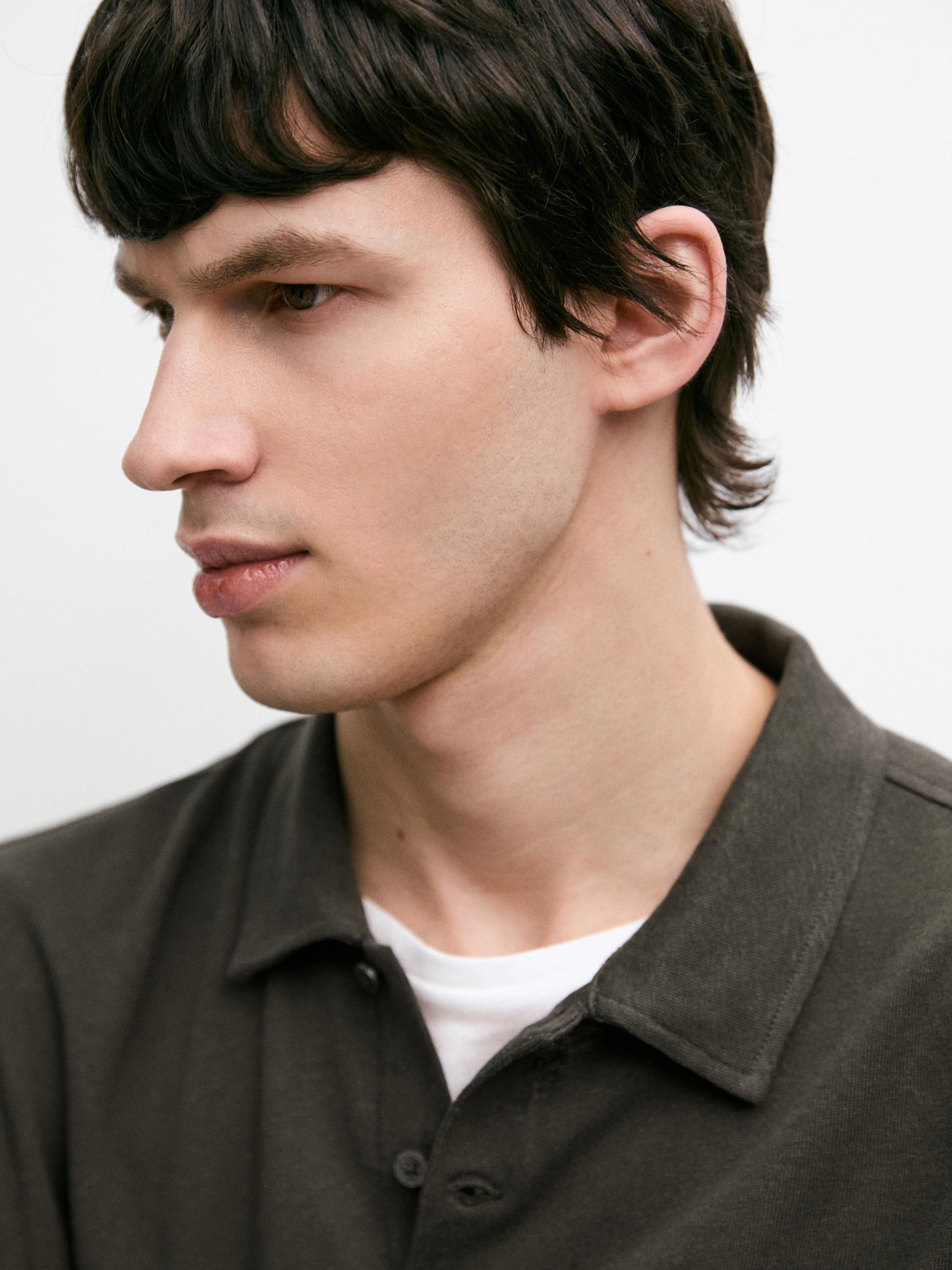 Linen and cotton short sleeve polo shirt — KHAKI
