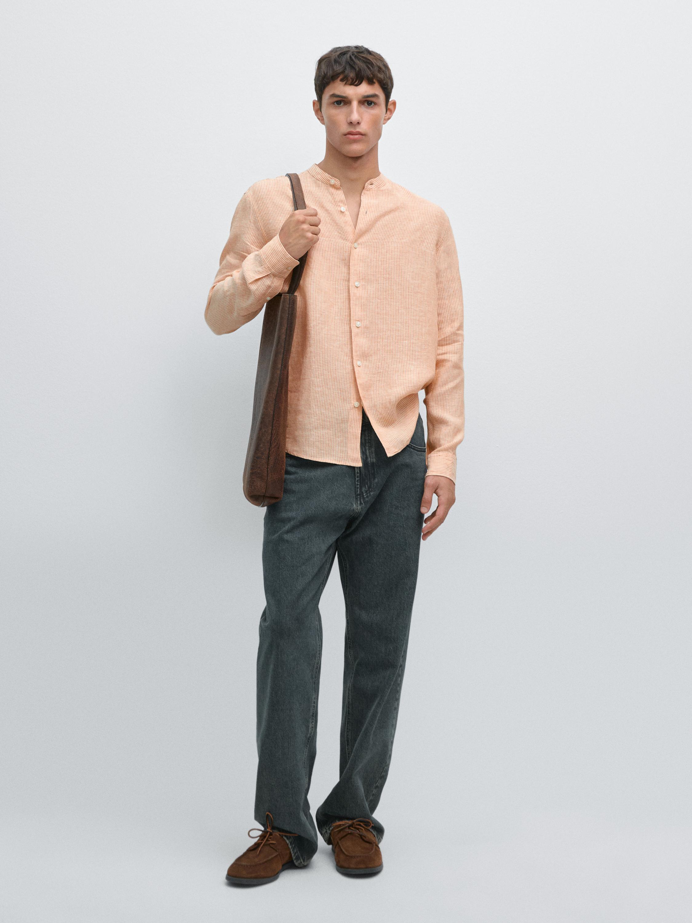 Regular fit striped 100% linen shirt