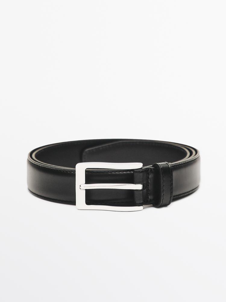 Leather dress belt with topstitching — BLACK