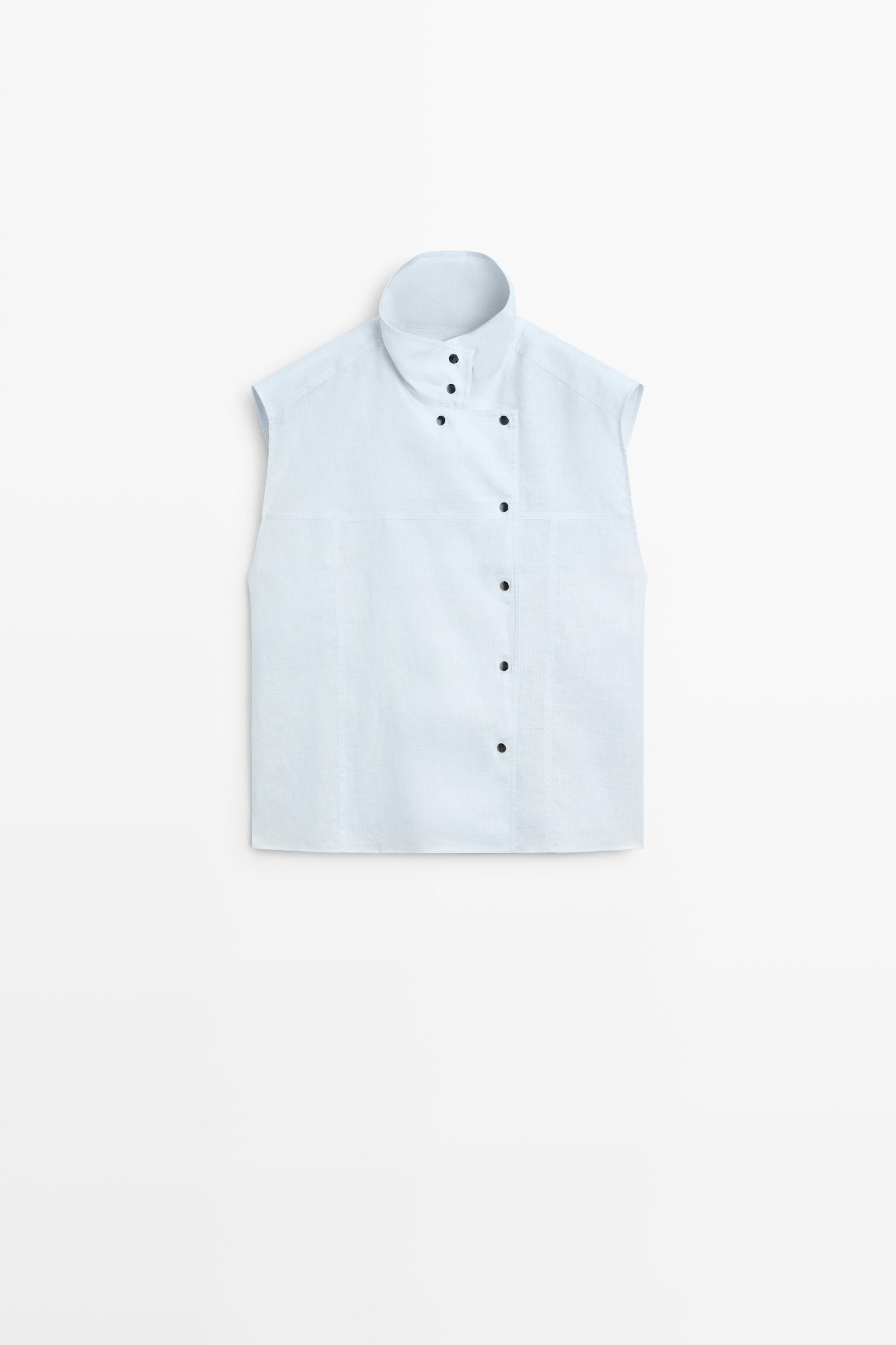 100% linen fine button-down top — Light blue