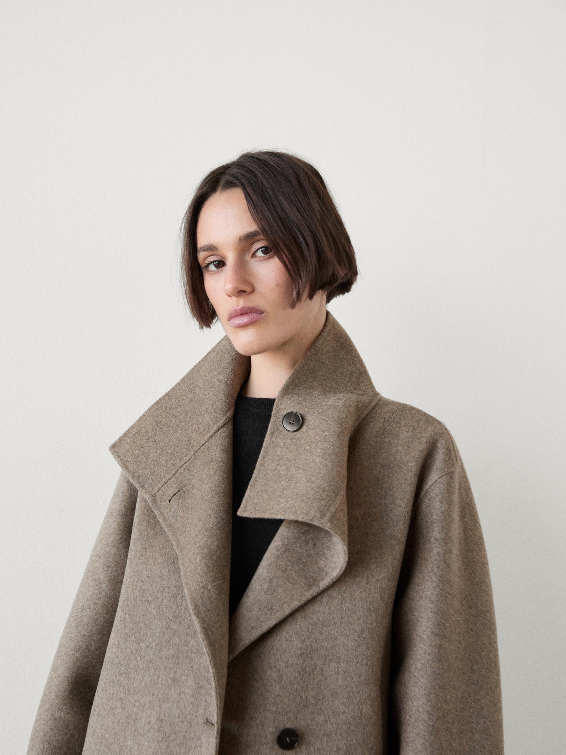 Veste À Col Montant Laine Mélangée - Marron Taupe - M - Massimo Dutti - Femme