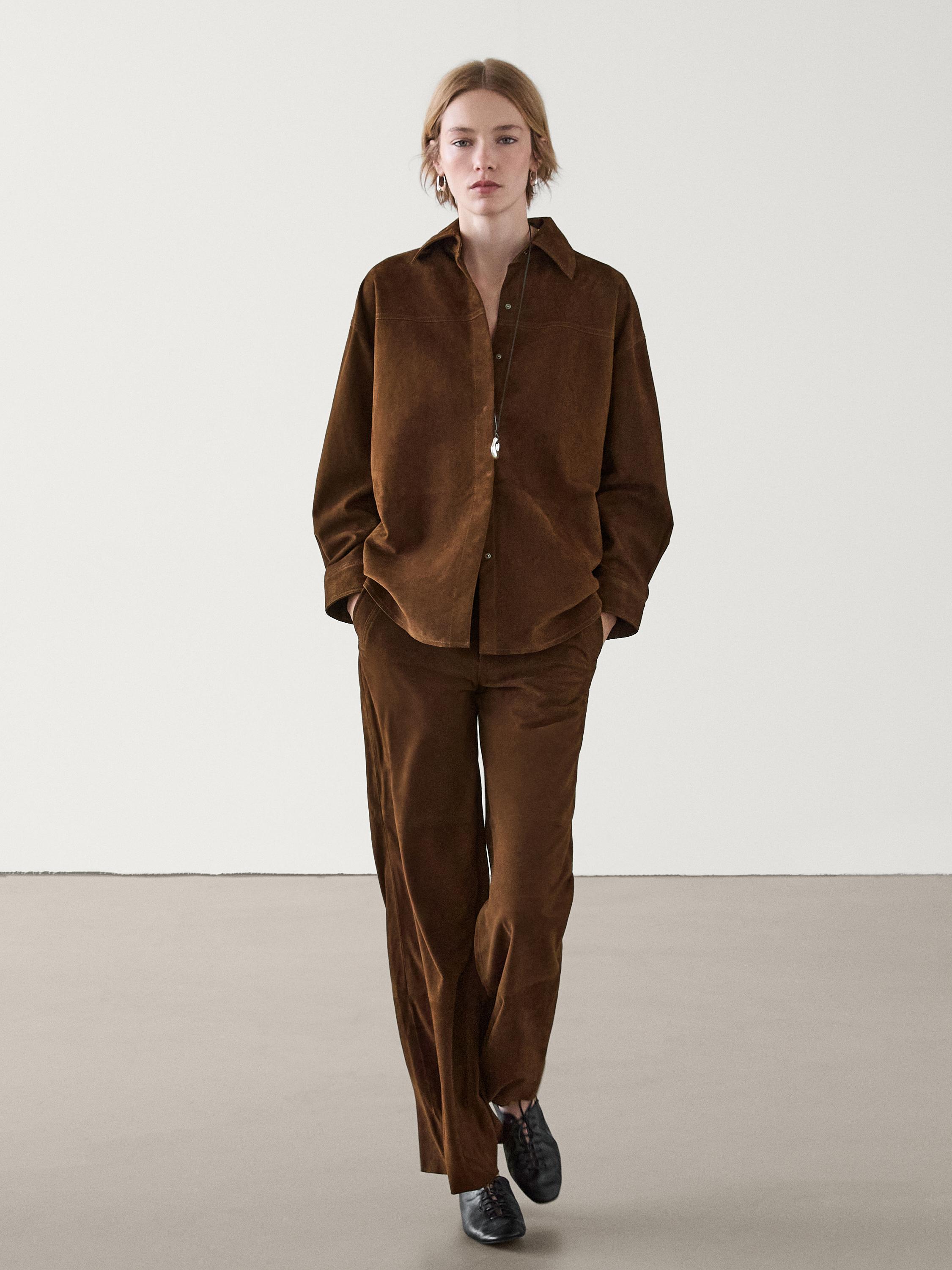 Pantalon straight en cuir effet daim Marron Jupes Massimo Dutti