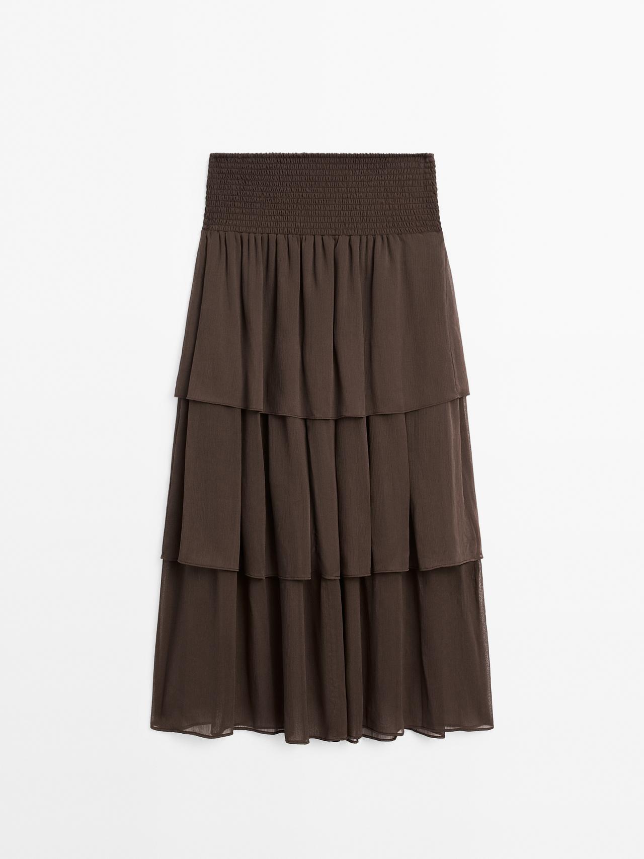 Falda Larga Volantes - Chocolate - Xs - Massimo Dutti - Mujer