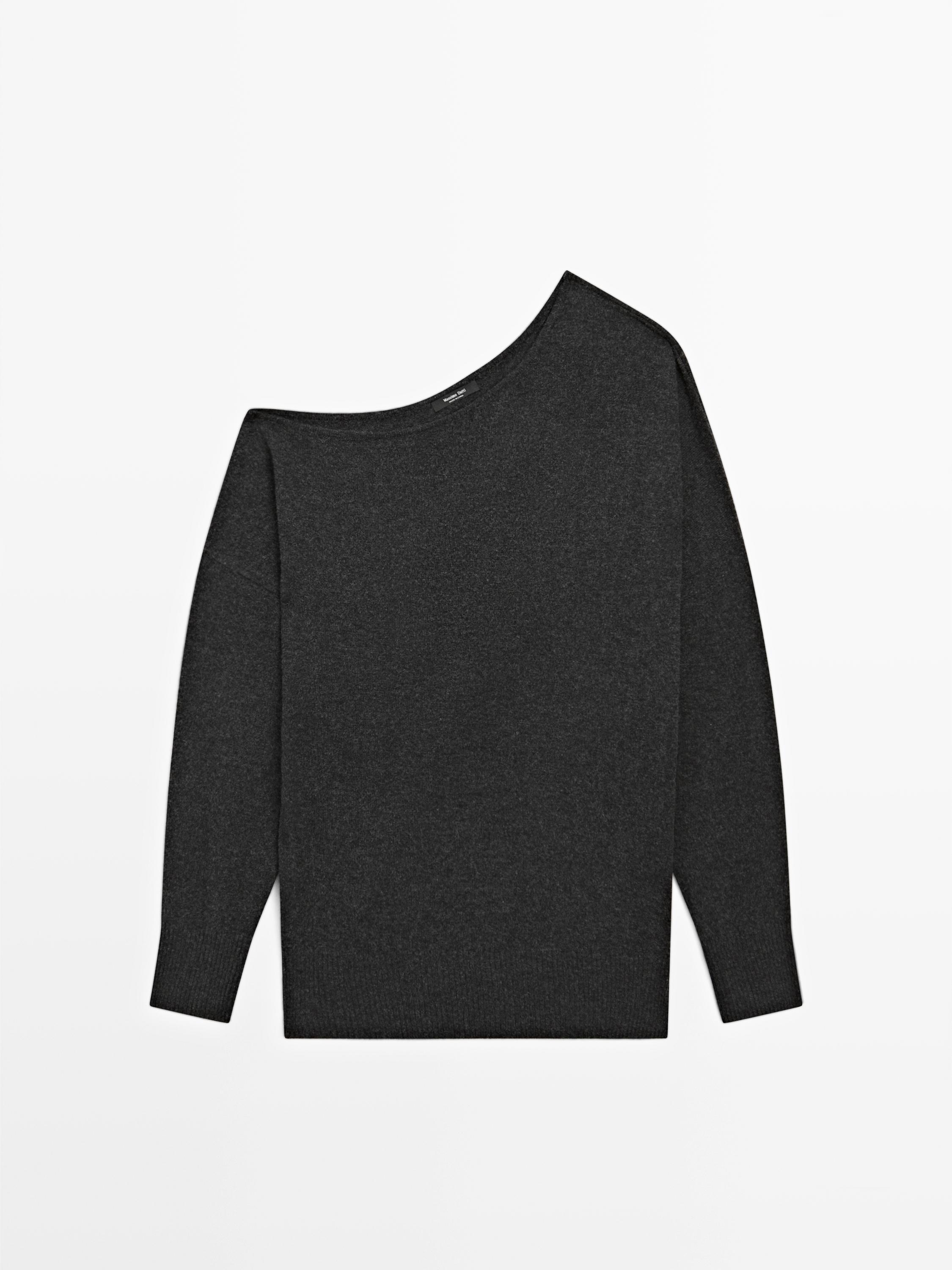 Wool blend knit sweater with asymmetric neckline · Anthracite Grey · Sweaters Massimo Dutti