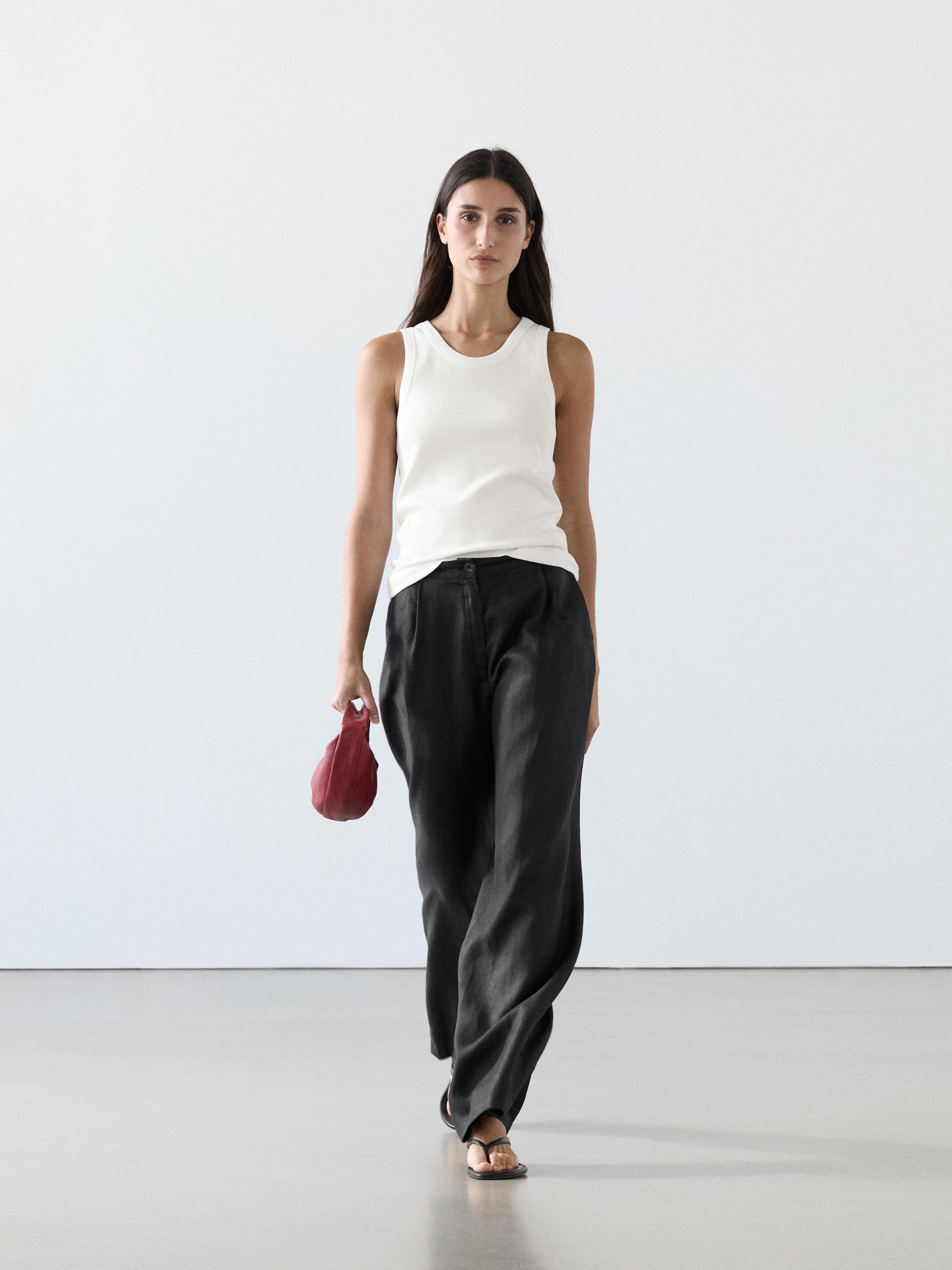 100% linen wide-leg elasticated trousers — BLACK