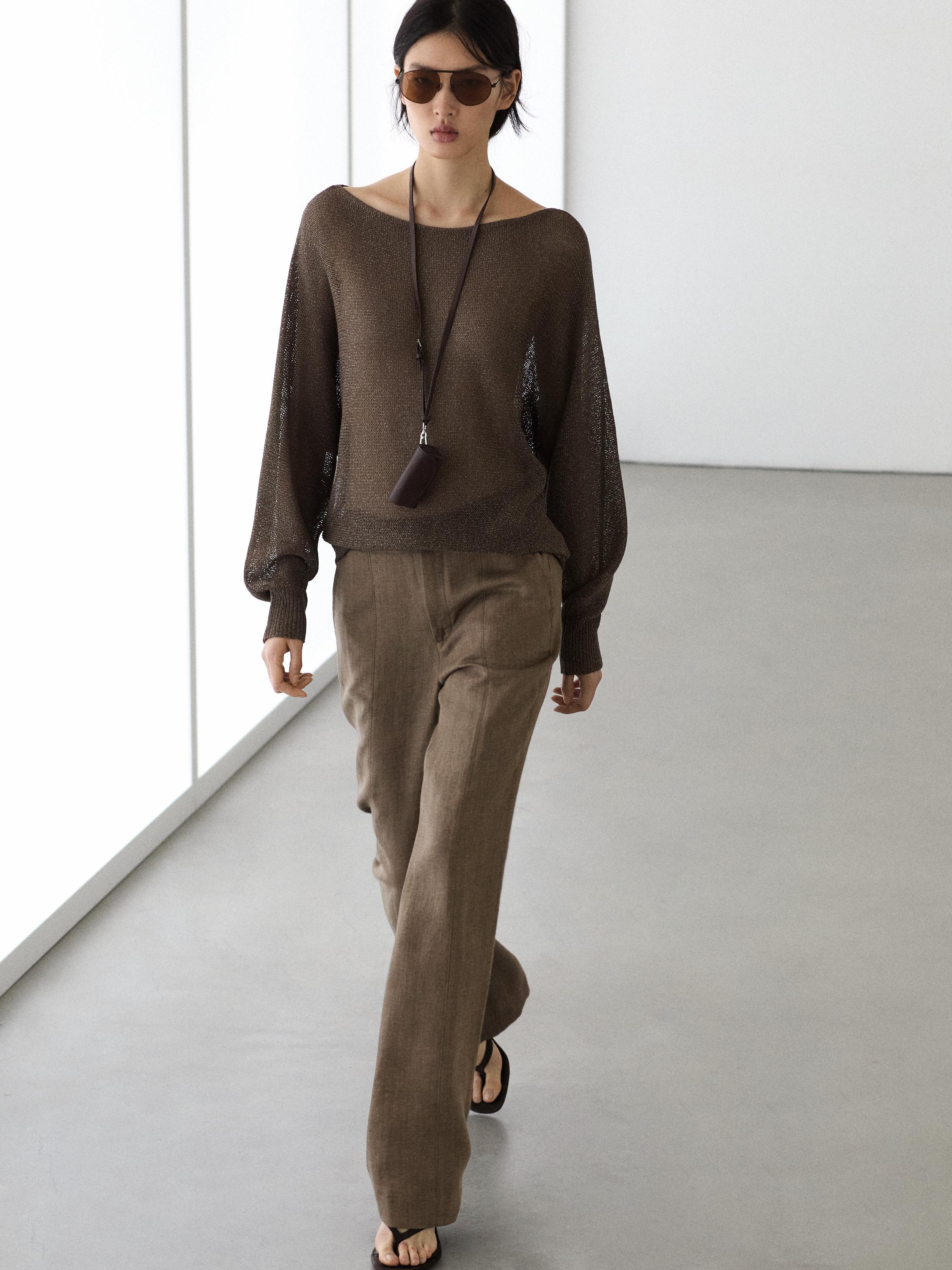 100% linen kick flare trousers — BROWN