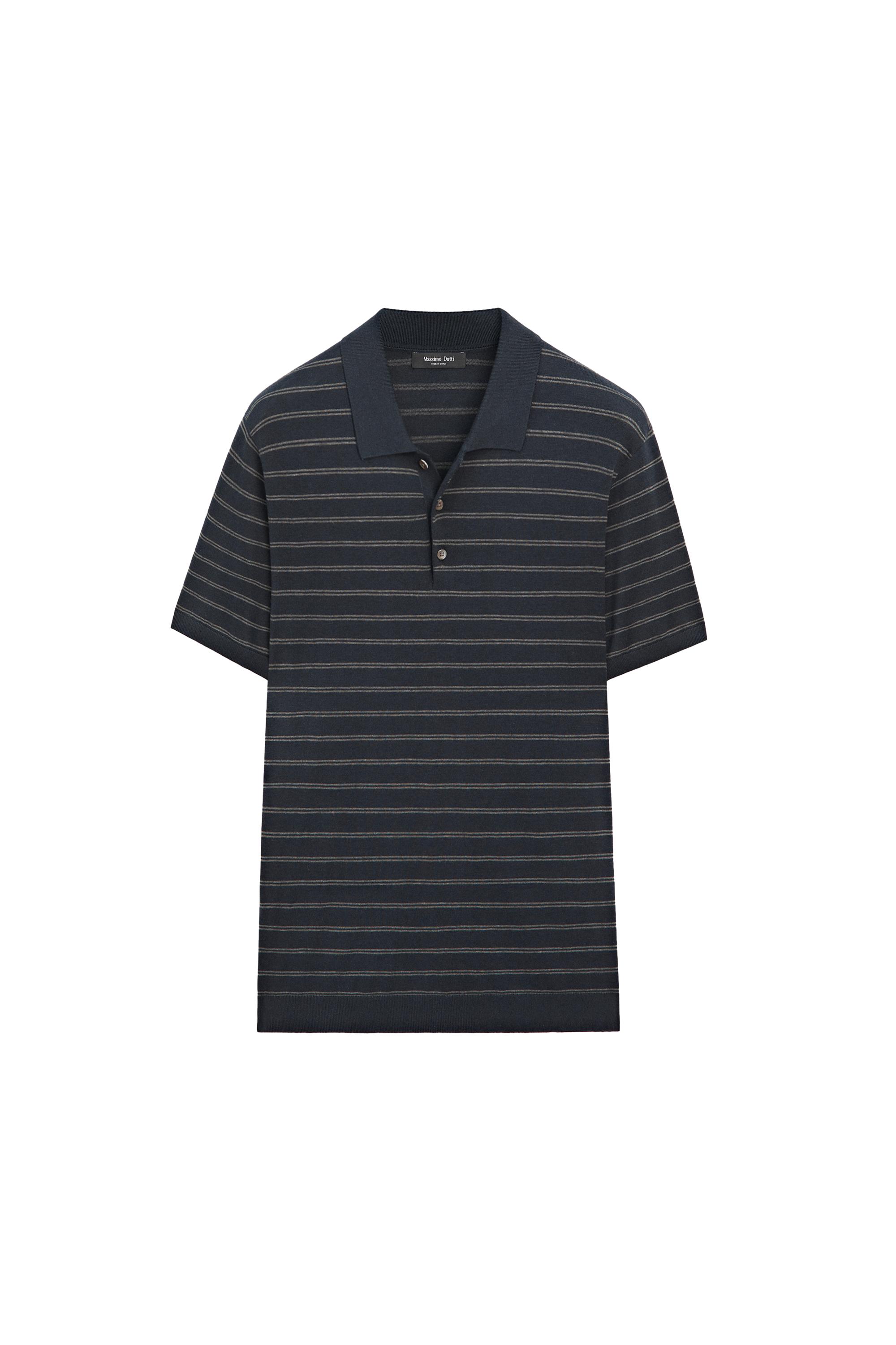 Cotton blend knit polo shirt with striped detail — NAVY BLUE