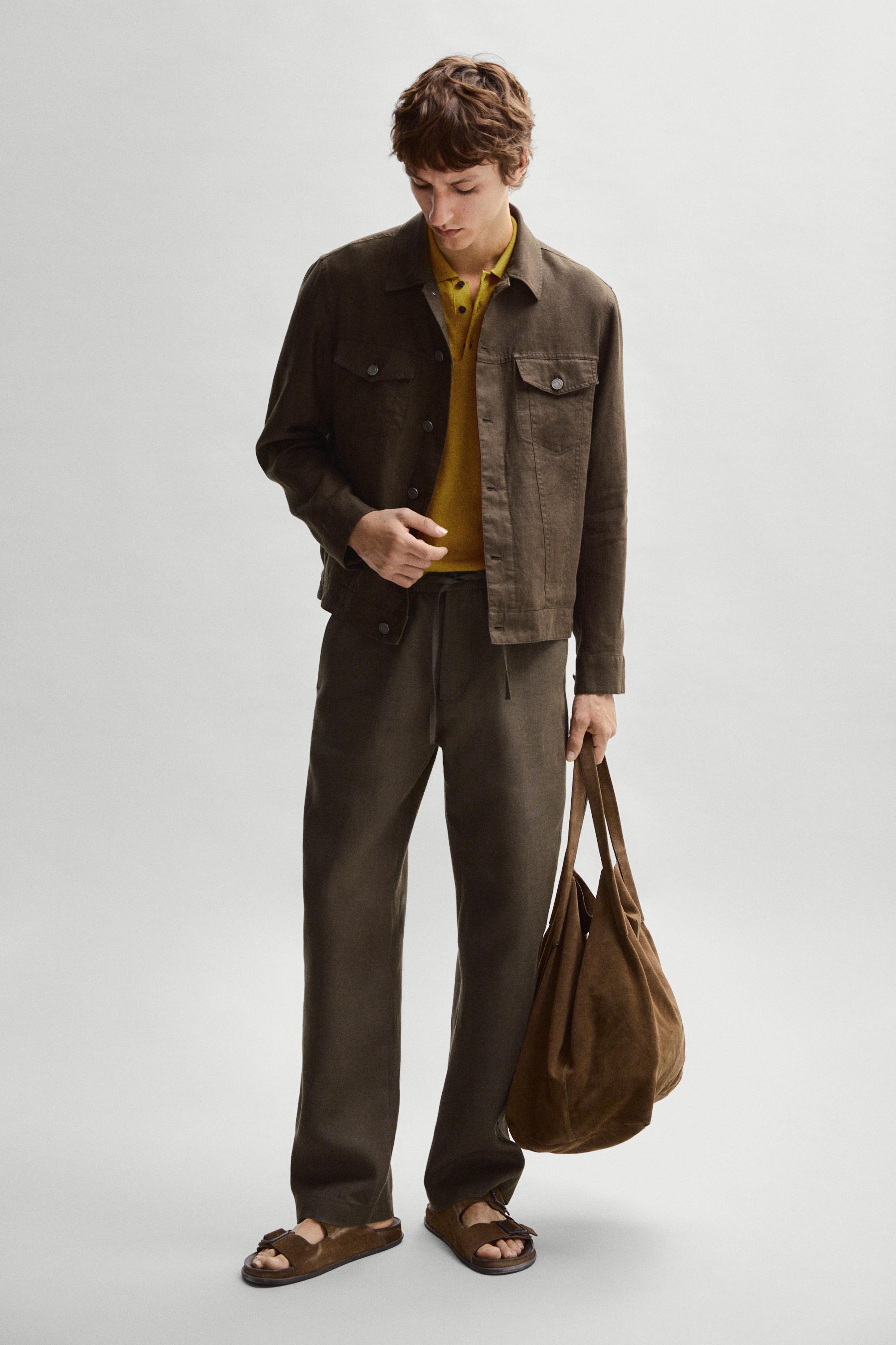 100% linen trucker jacket — DARK KHAKI