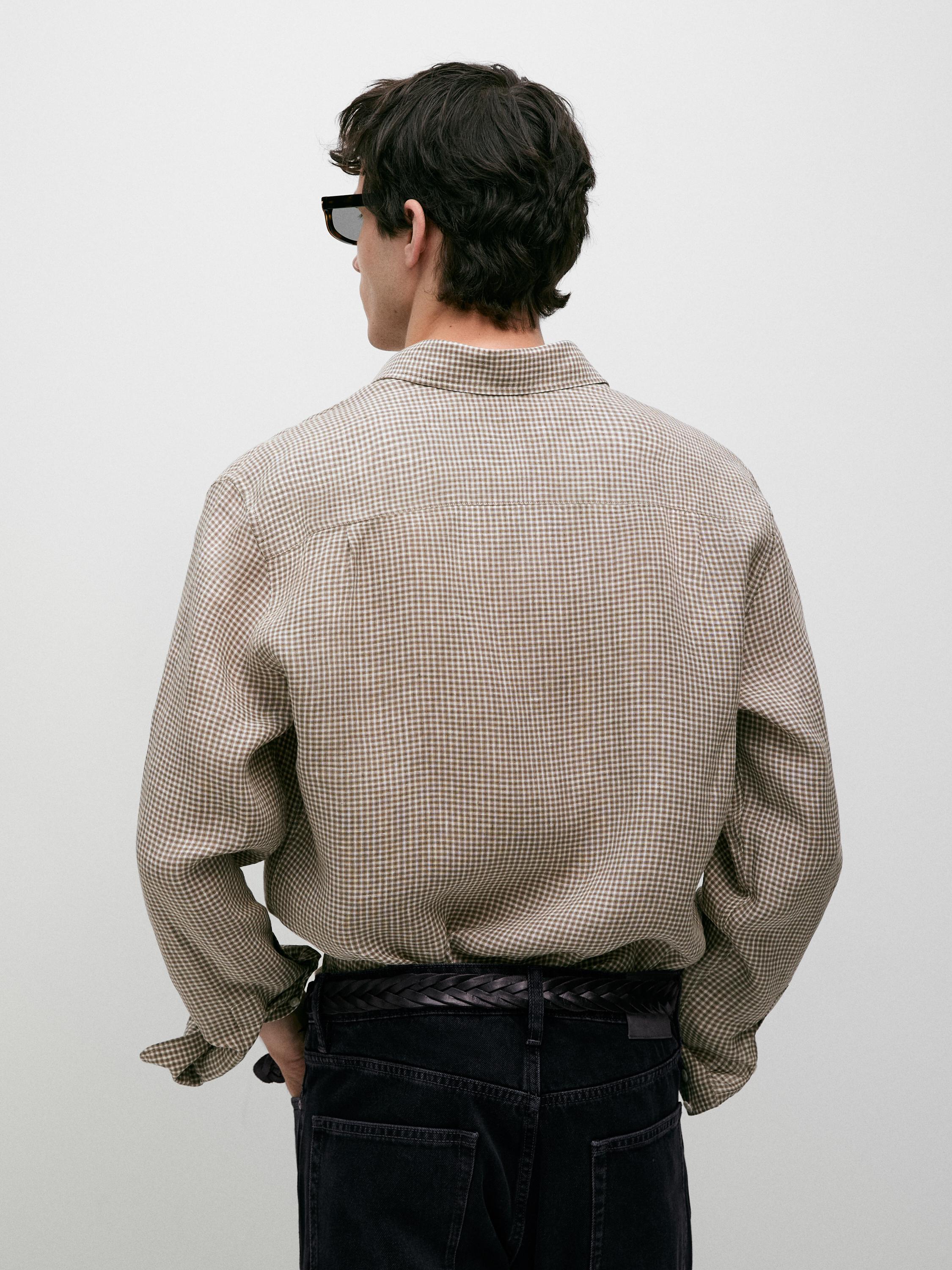 100% linen regular fit check shirt — BROWN