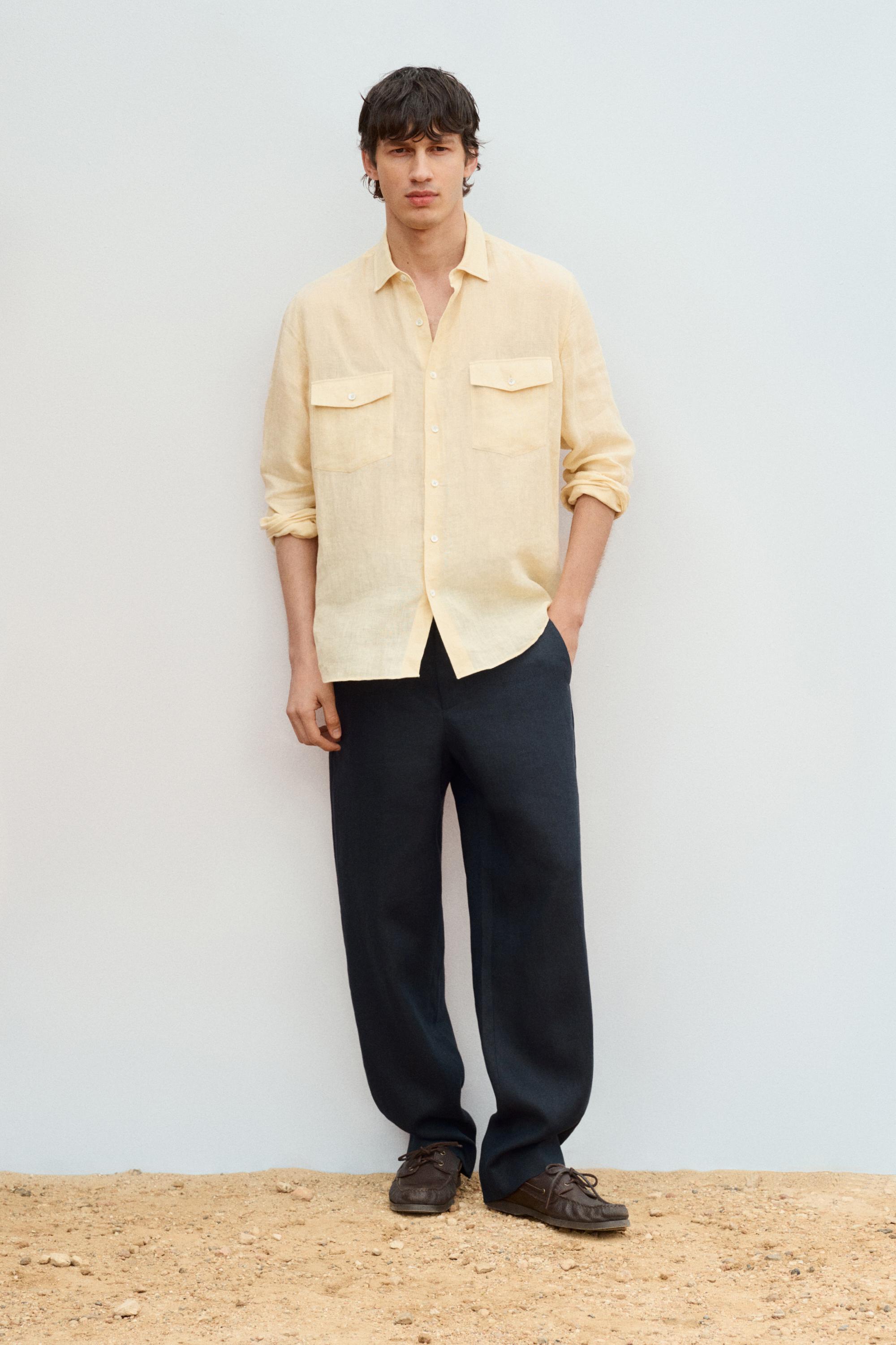 Regular fit 100% linen shirt with pockets — YELLOW