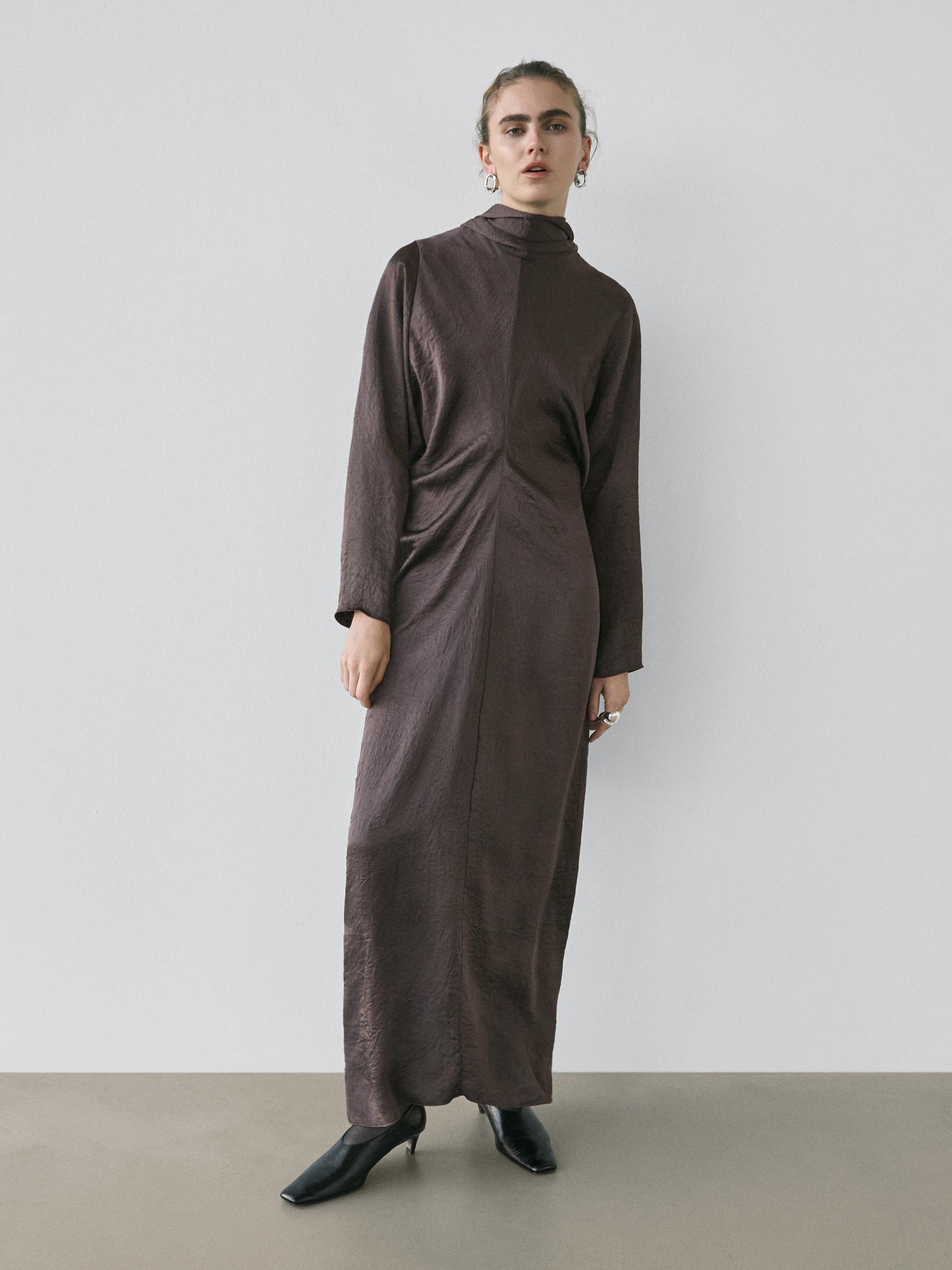 Vestido Largo Fluido Lazada - Studio - Marrón Topo - L - Massimo Dutti - Mujer