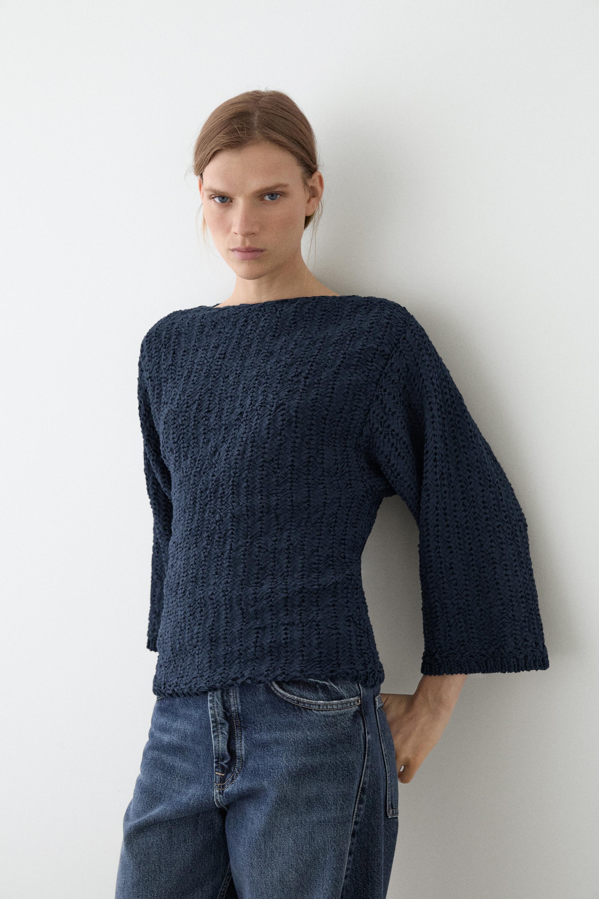 Textured cotton blend knit sweater — NAVY BLUE