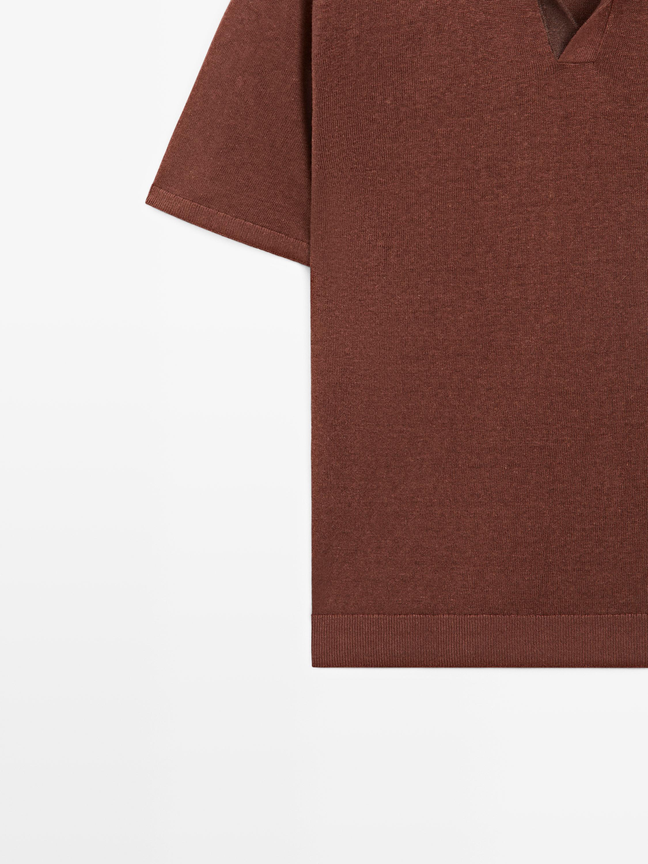 Linen V-neck polo sweater — COPPER