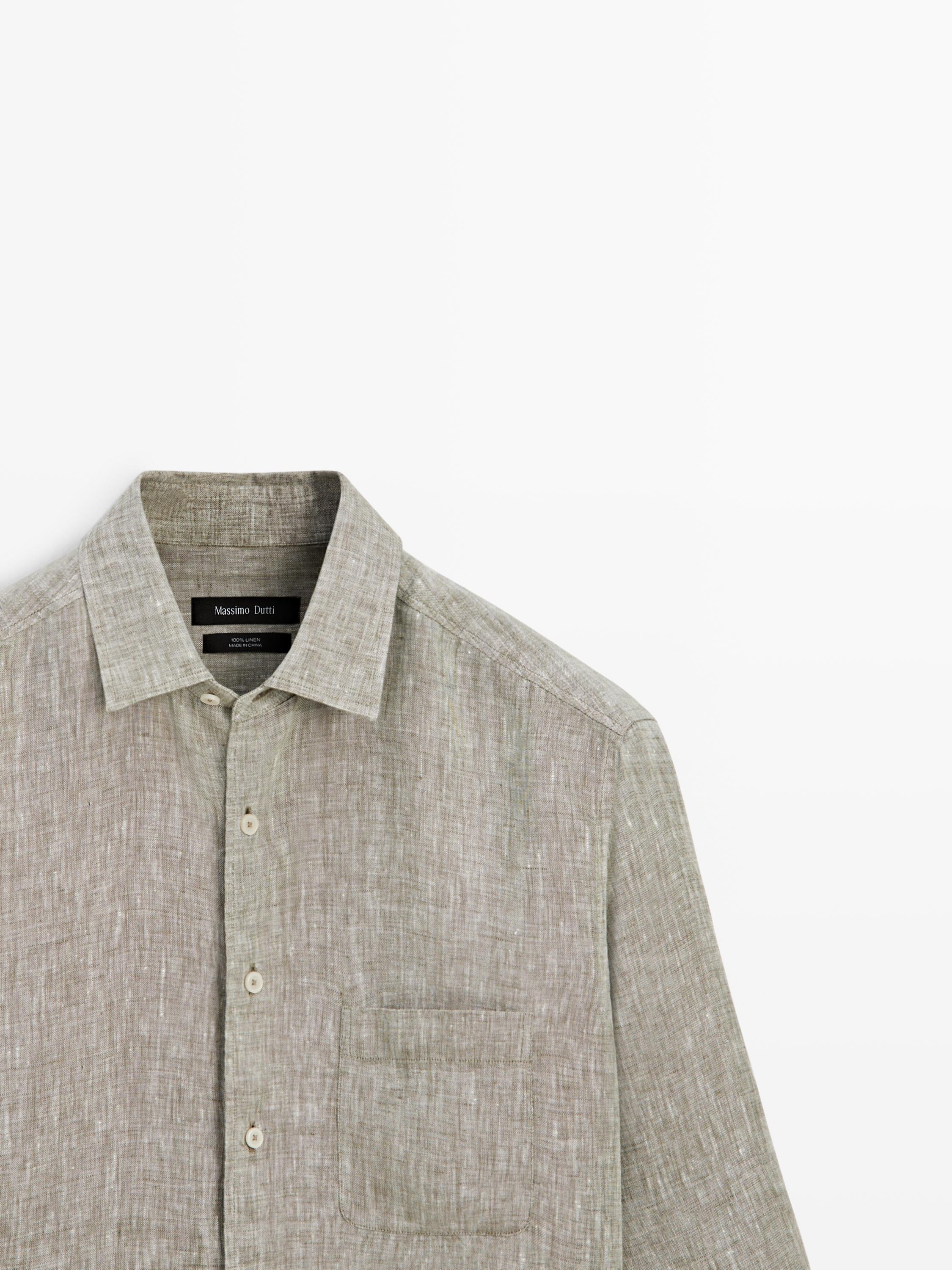 Regular fit linen shirt with pocket — Green billiard