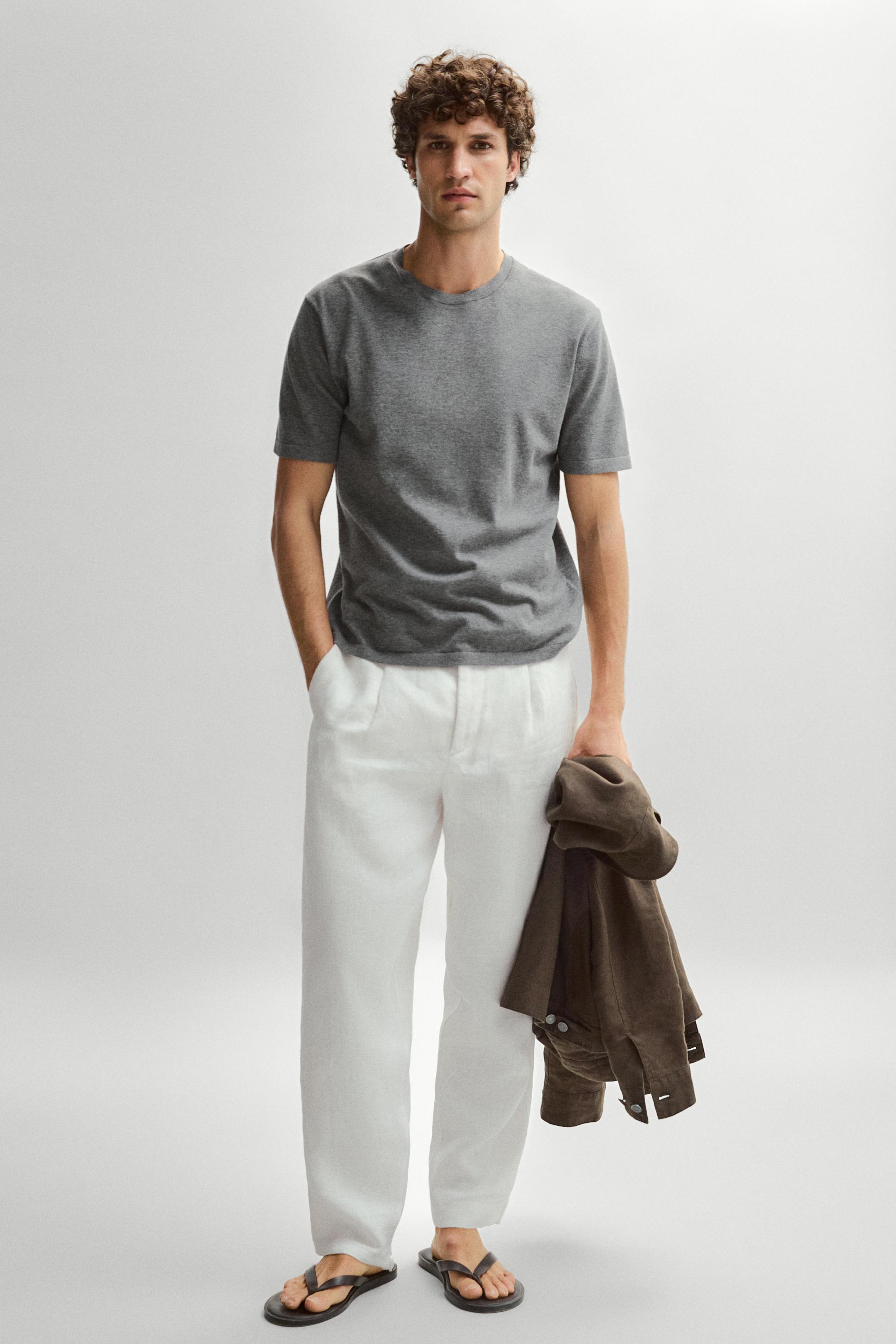 100% cotton short sleeve knit sweater — MEDIUM GREY