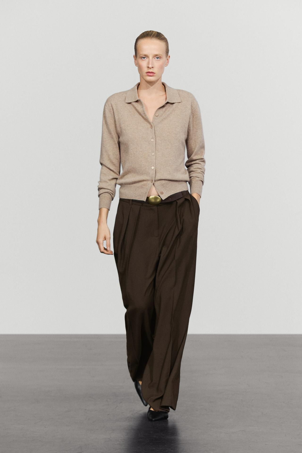 100% cashmere knit polo collar cardigan — MINK