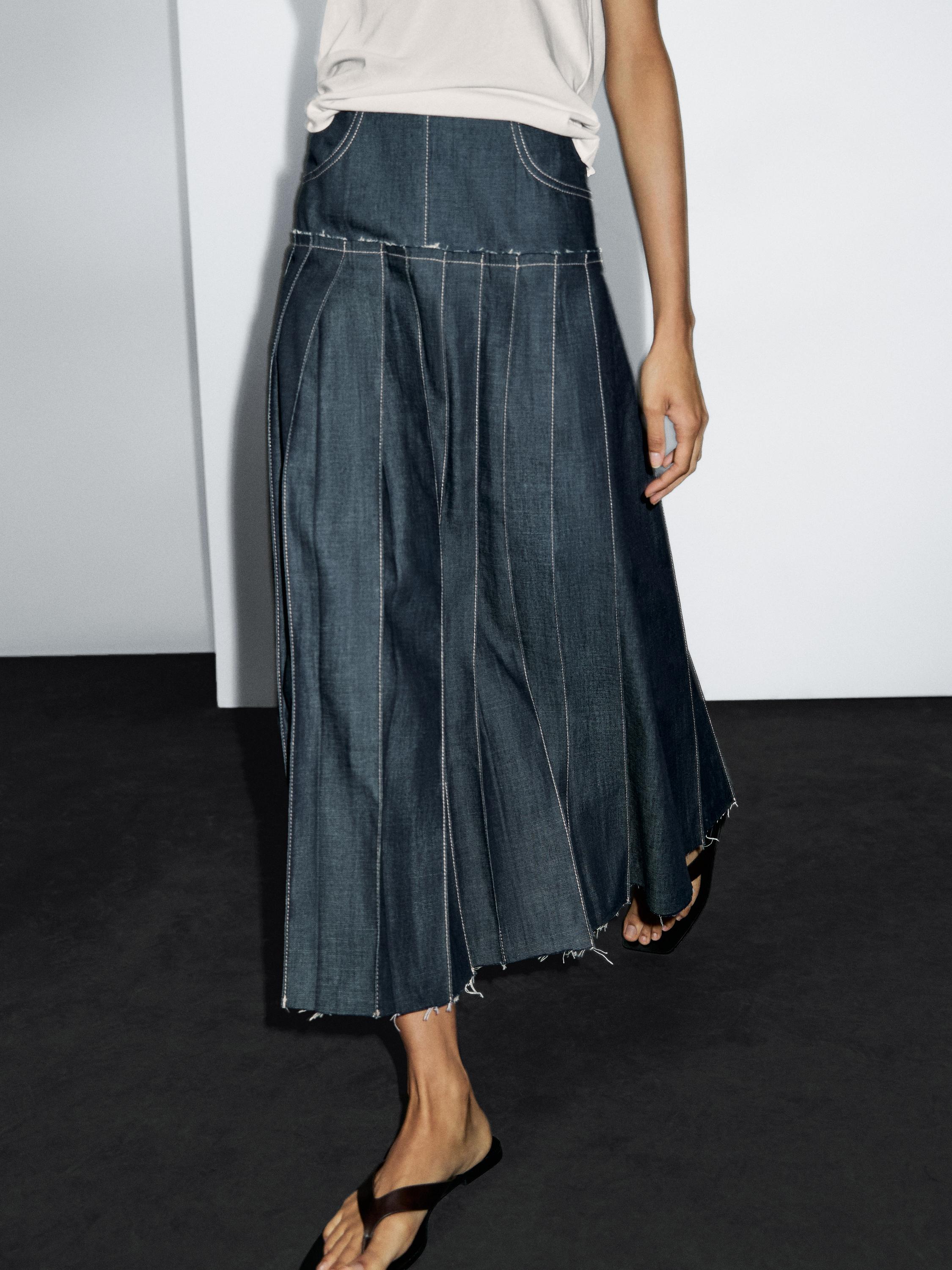 Denim midi skirt with box pleats
