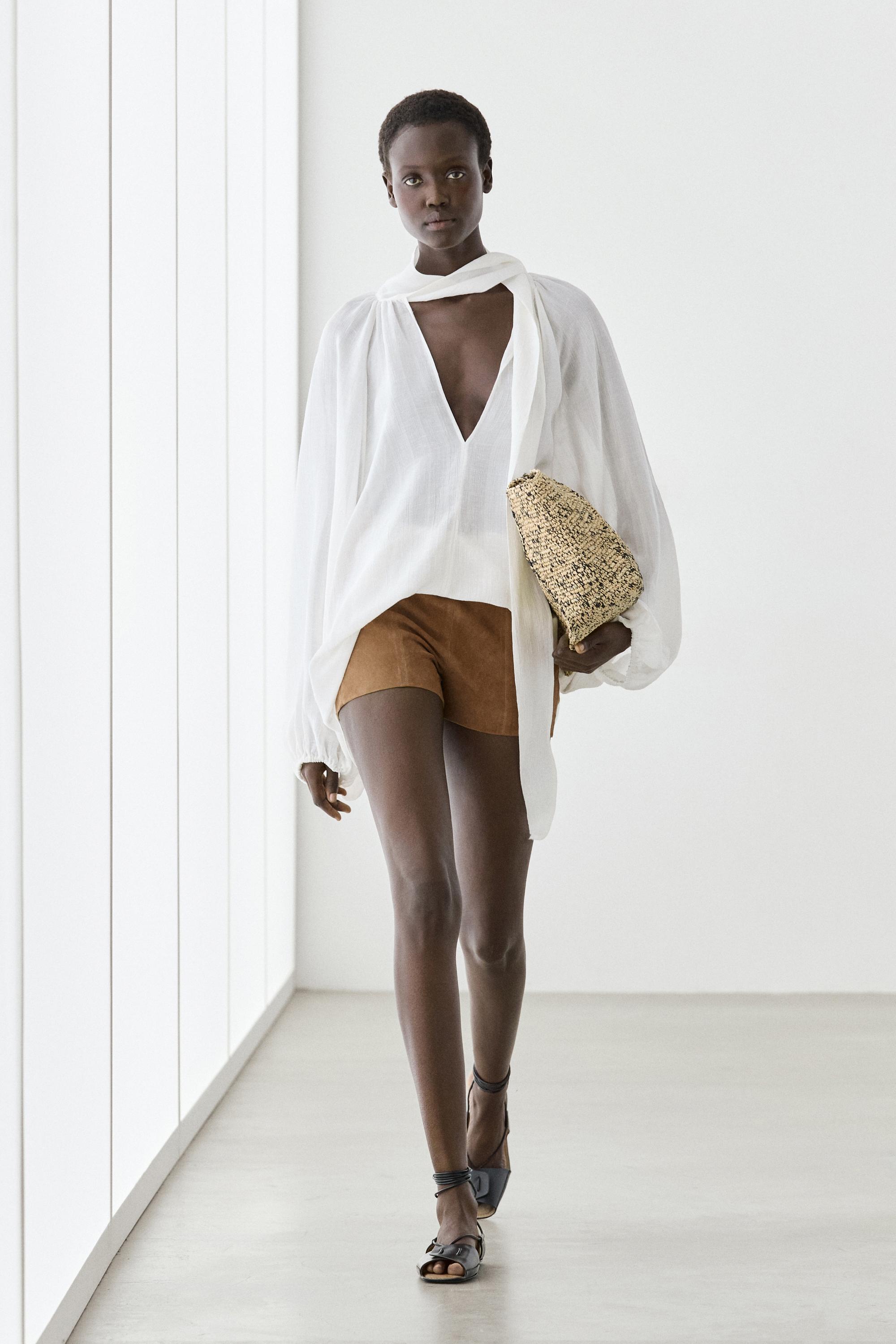 Suede leather shorts with seam details — CAMEL
