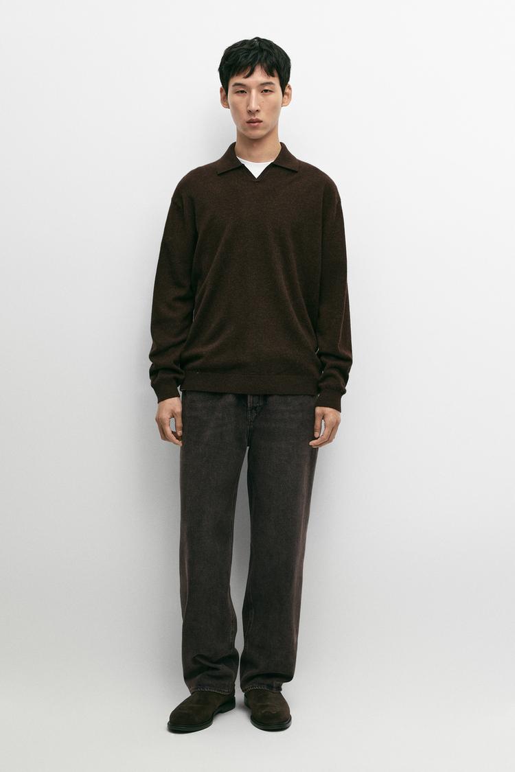 100% wool knit polo sweater — BROWN MARL