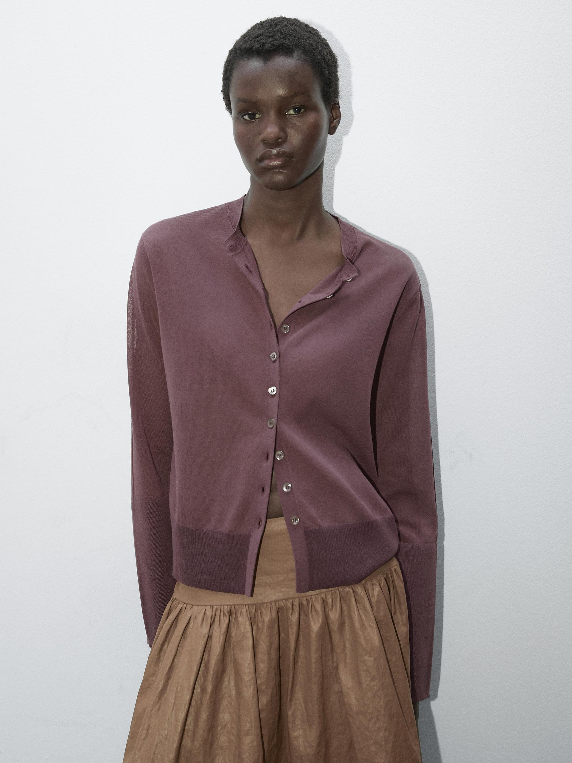 Cardigan Fin En Coton Mélangé - Studio - Rosé - S - Massimo Dutti - Femme