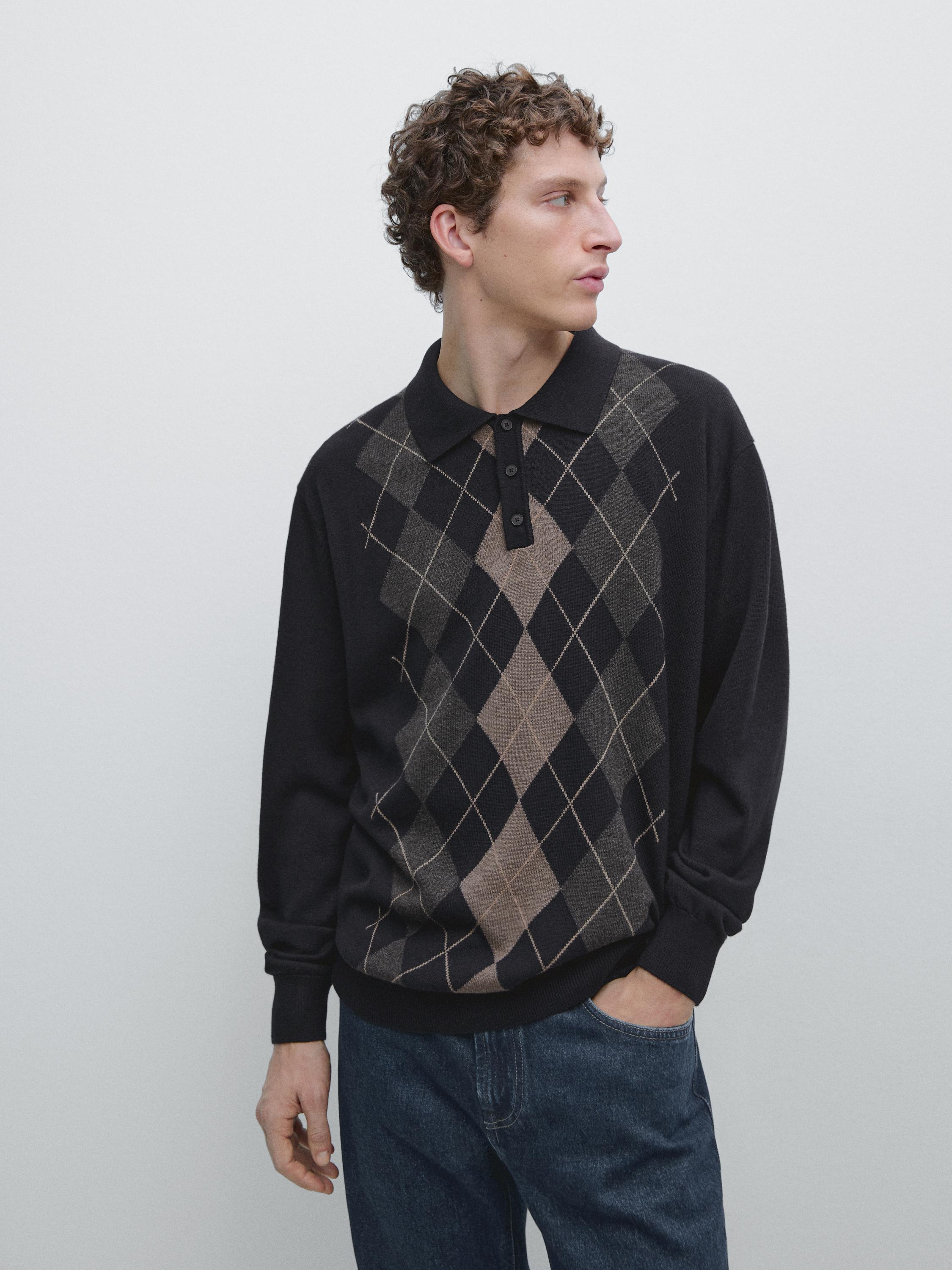Knit sweater with argyle detailing — NAVY BLUE