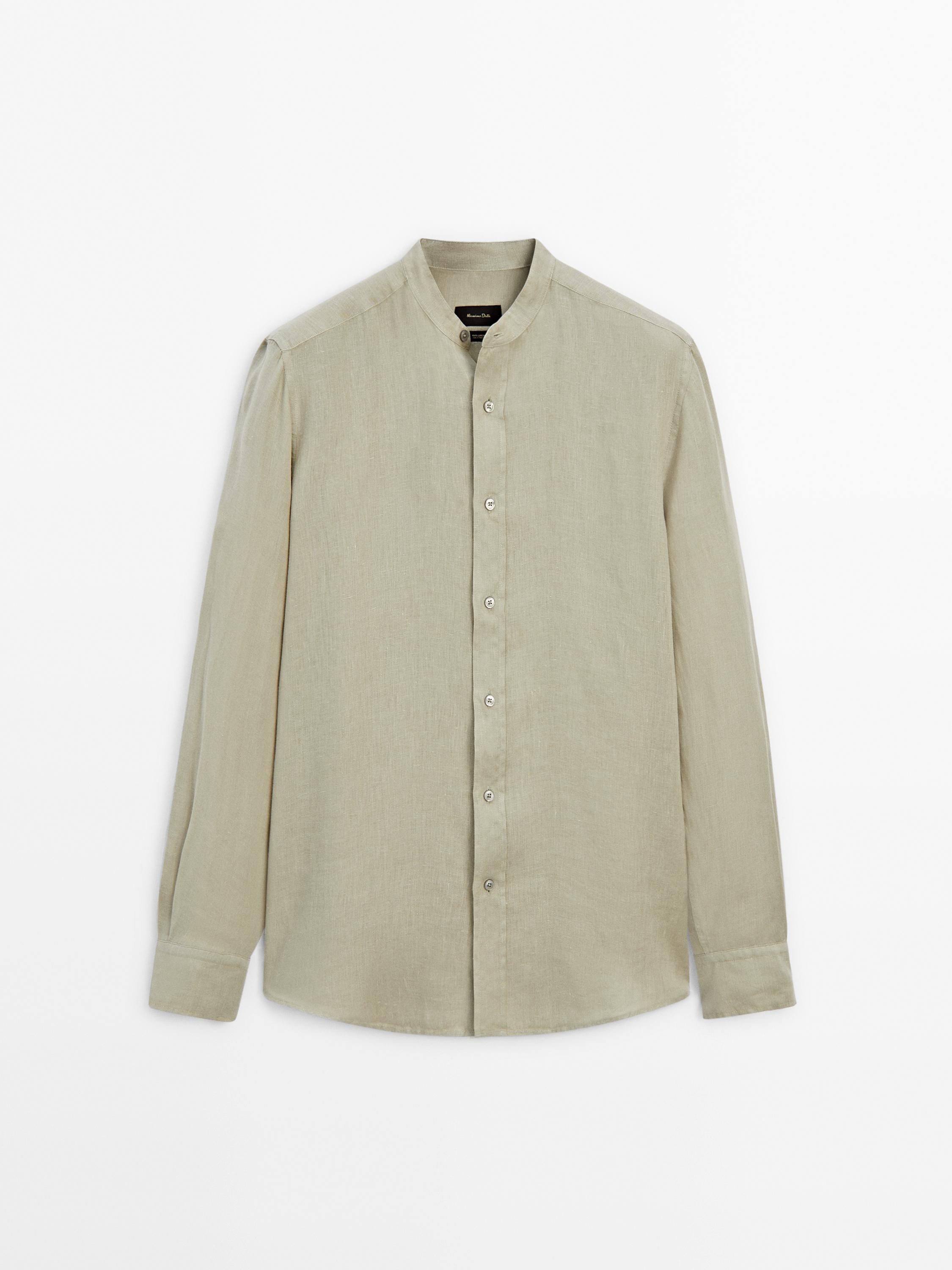 Regular-fit linen shirt with a stand collar